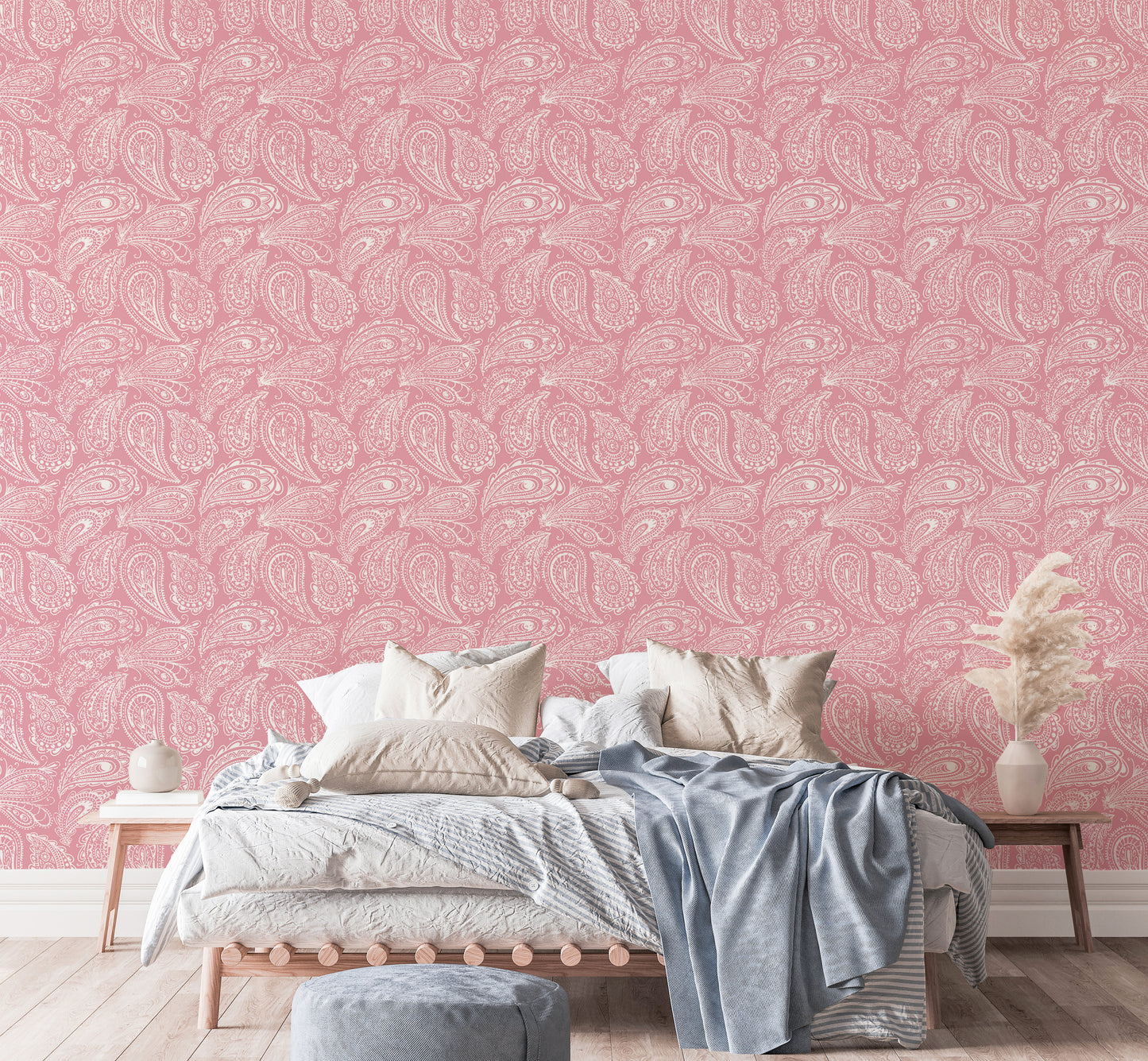 Pink Color Hand Drawn Paisley Ornament Wallpaper