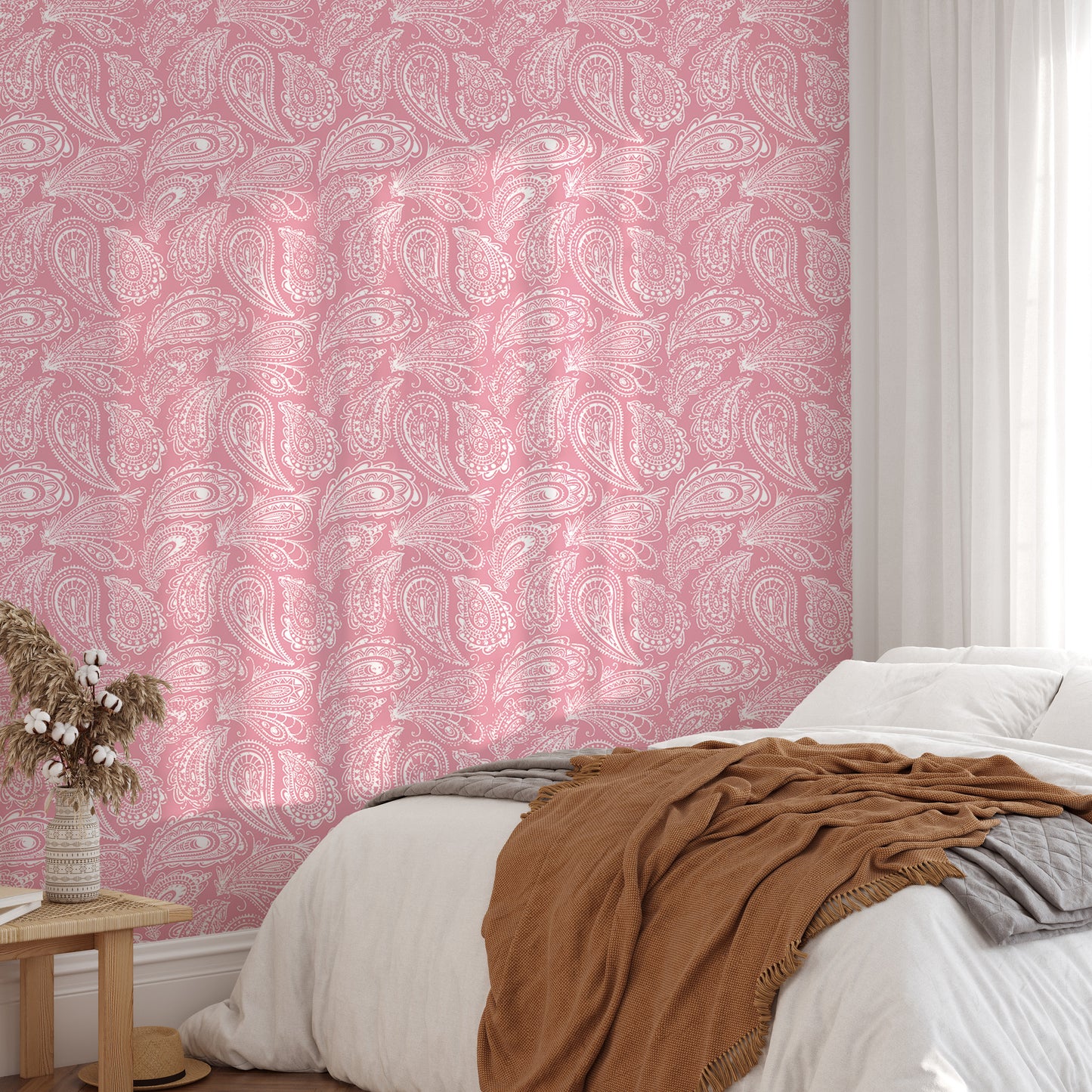 Pink Color Hand Drawn Paisley Ornament Wallpaper