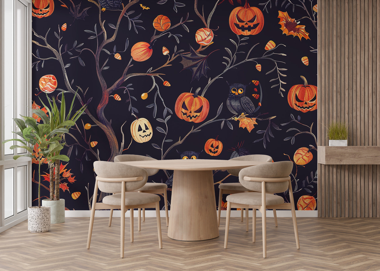 Whimsical Halloween mural with pumpkins and owls
