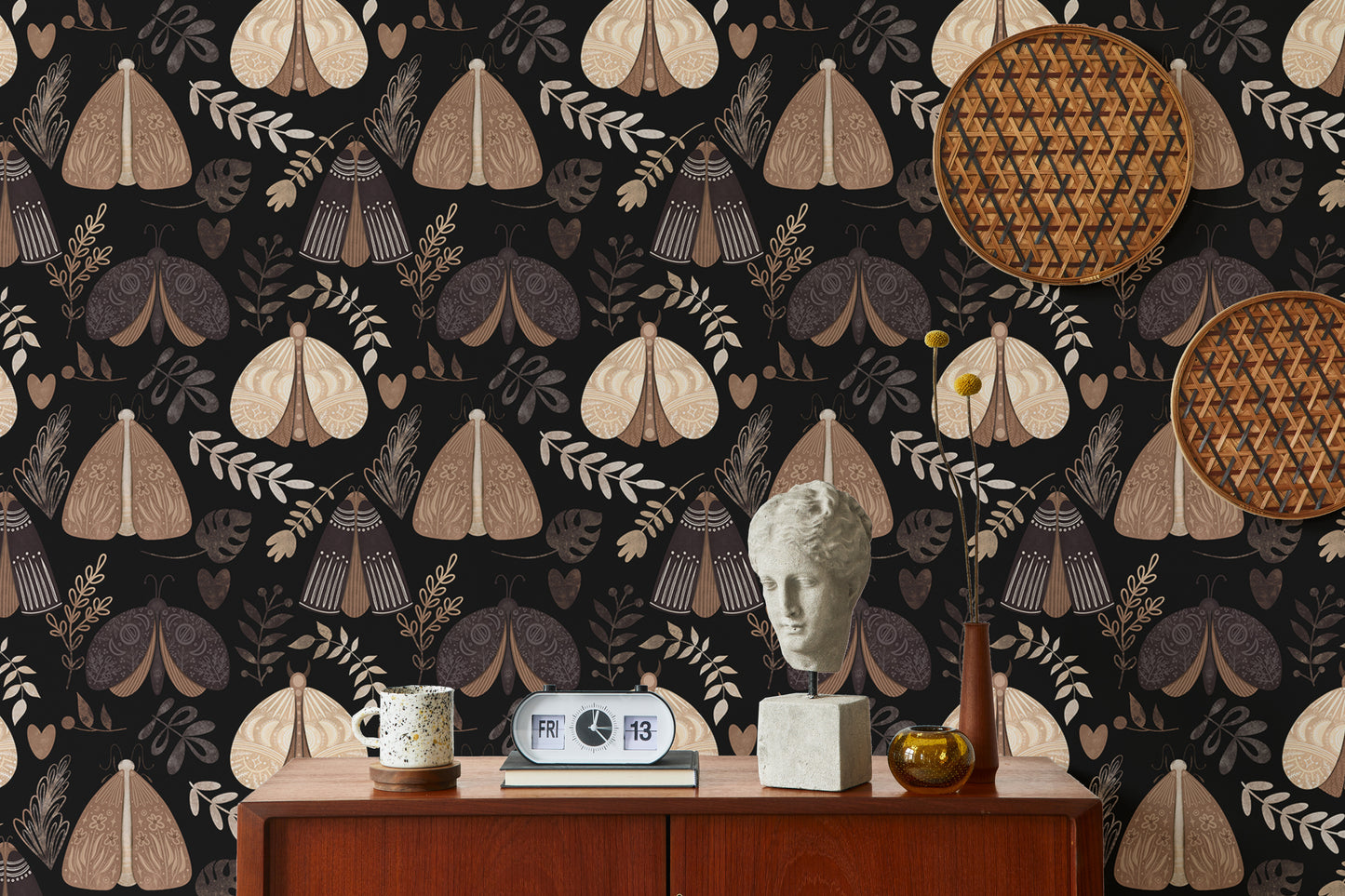 Artistic wallpaper with moths and floral pattern elements