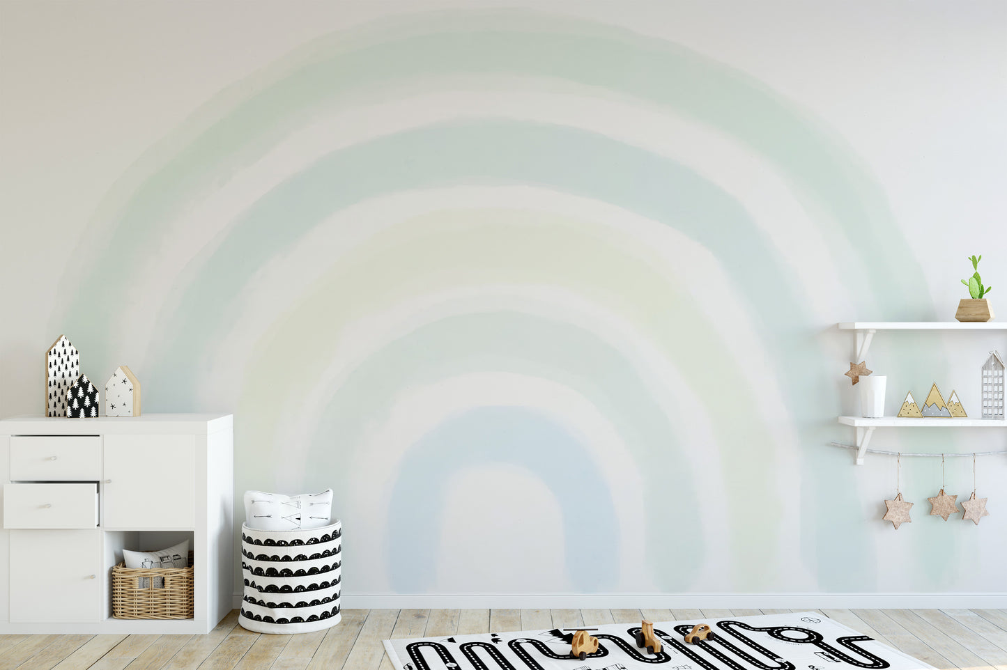 Whimsical wallpaper with green rainbow-inspired patterns
