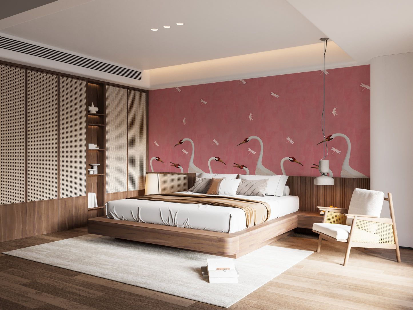 Tranquil cranes and sakura blossom mural.
