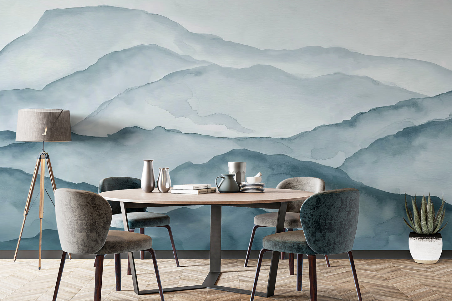 Nature-inspired mountain range wallpaper with soft mist
