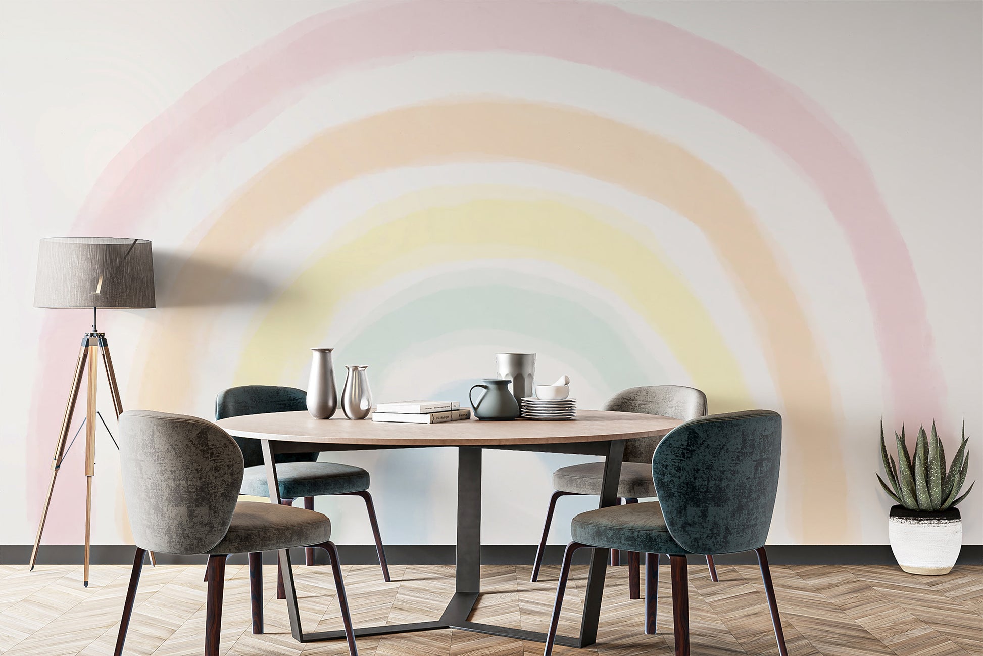 Rainbow-themed wallpaper mural with vivid color tones
