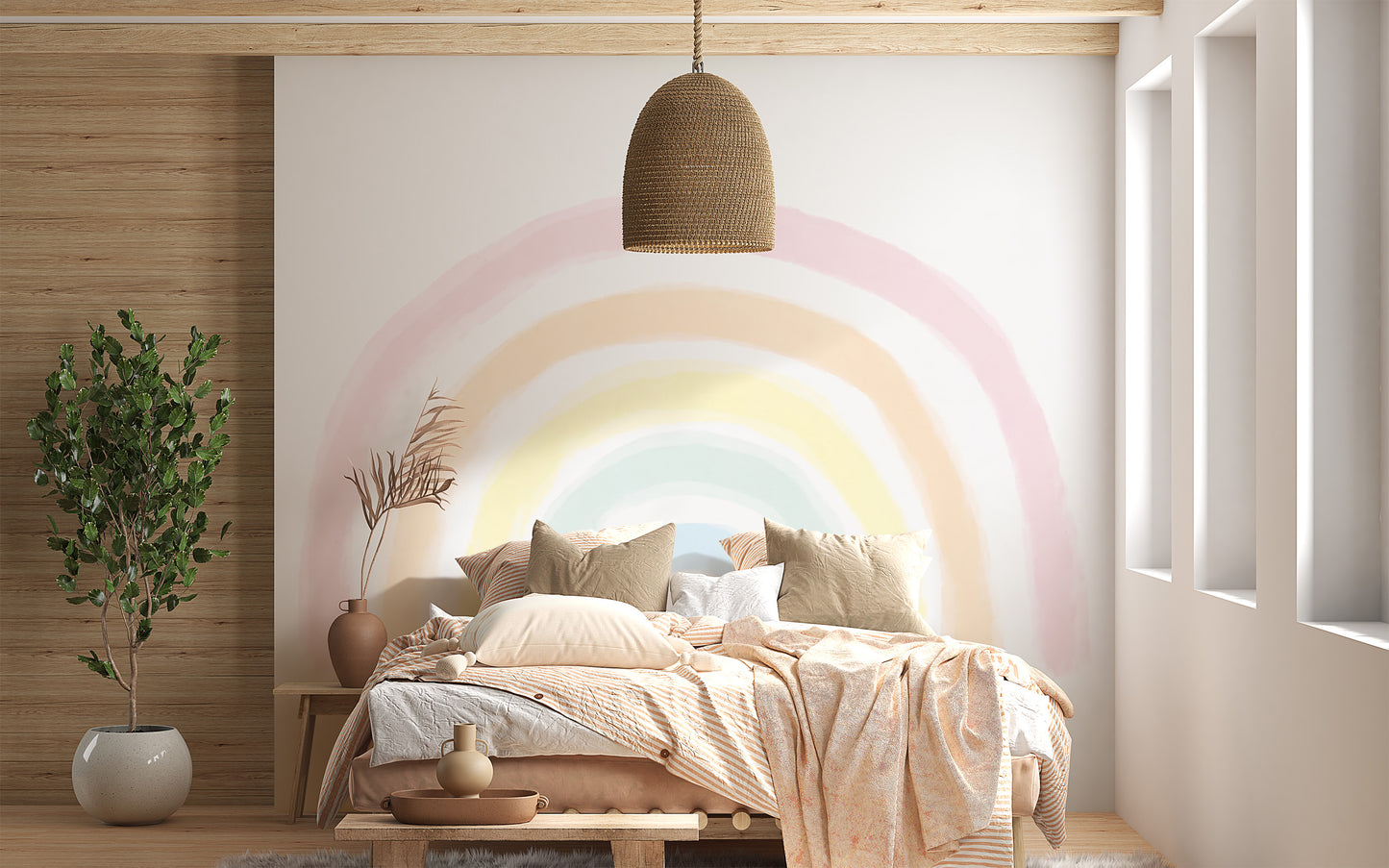 Bright rainbow mural featuring bold color transitions
