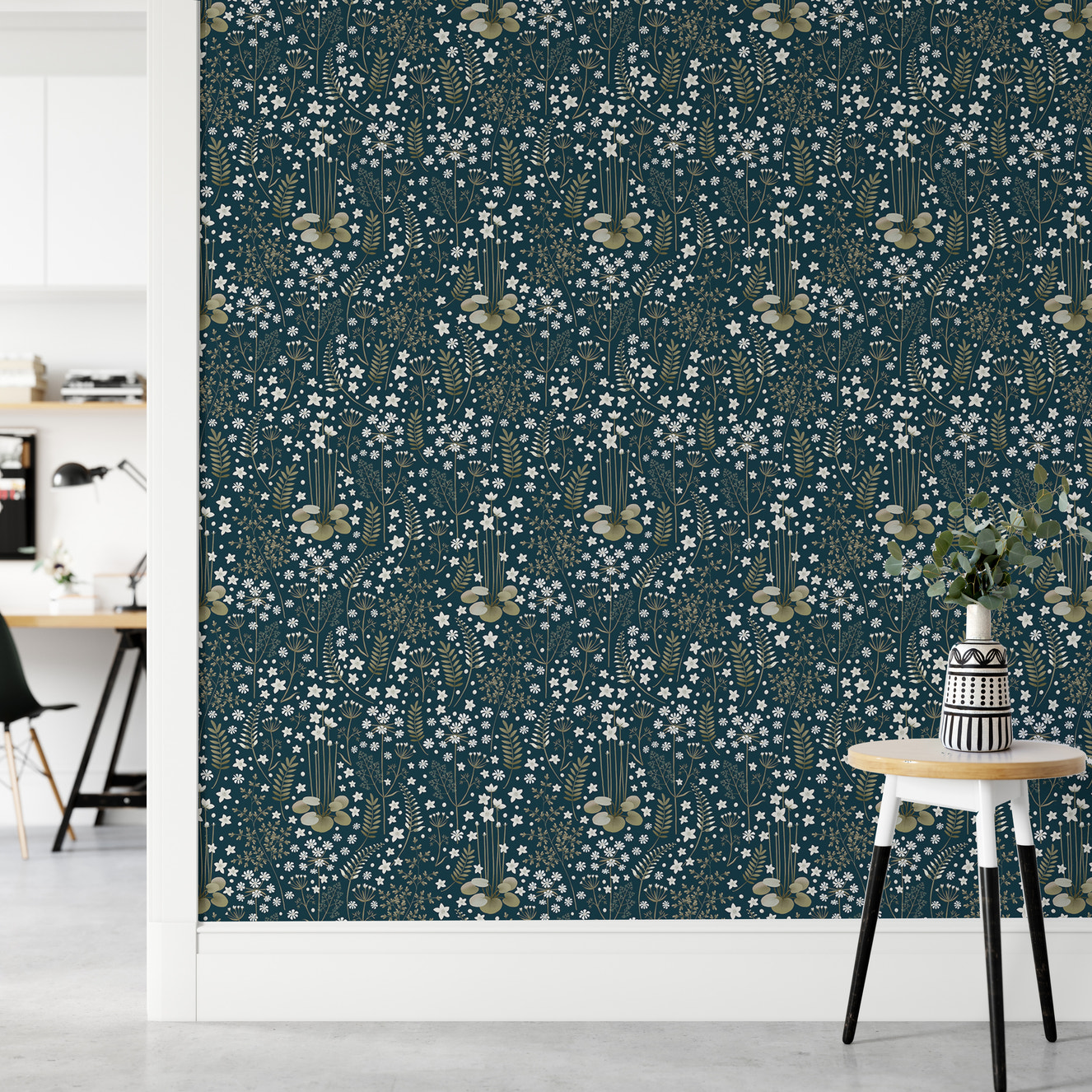 Floral Dark Blue Background Leaves Removable Wallpaper