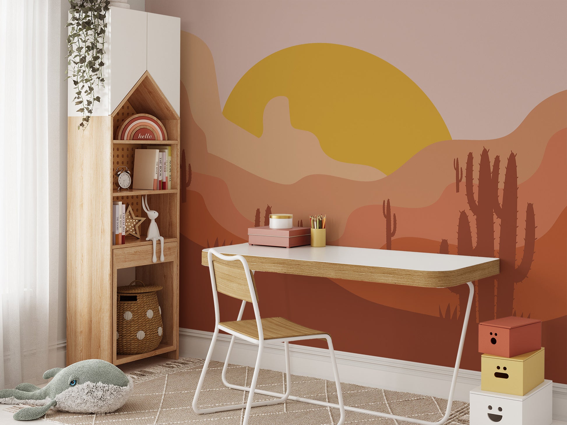 Golden cactus design mural for modern desert decor.