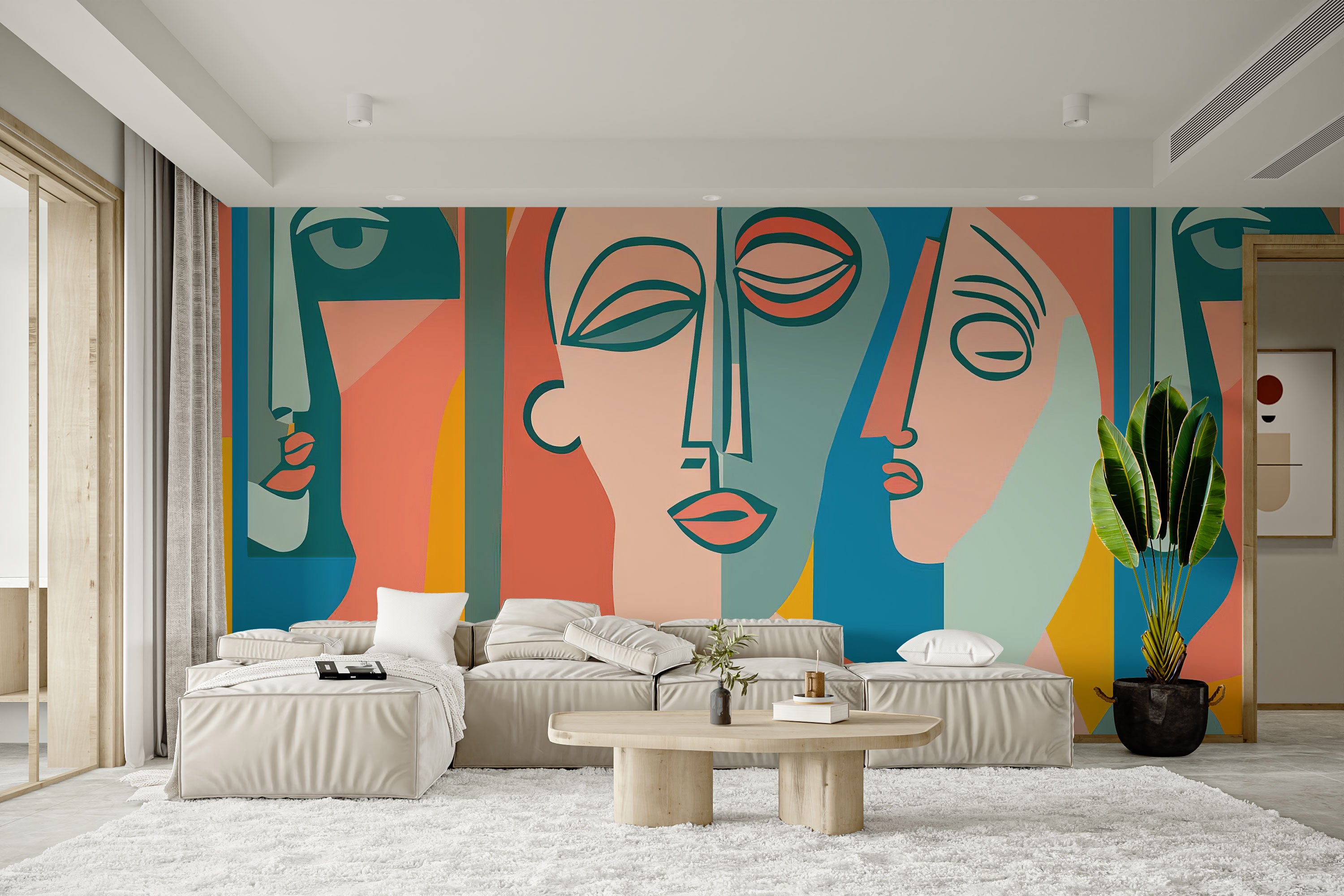 Modern mural showcasing abstract faces in vibrant palettes
