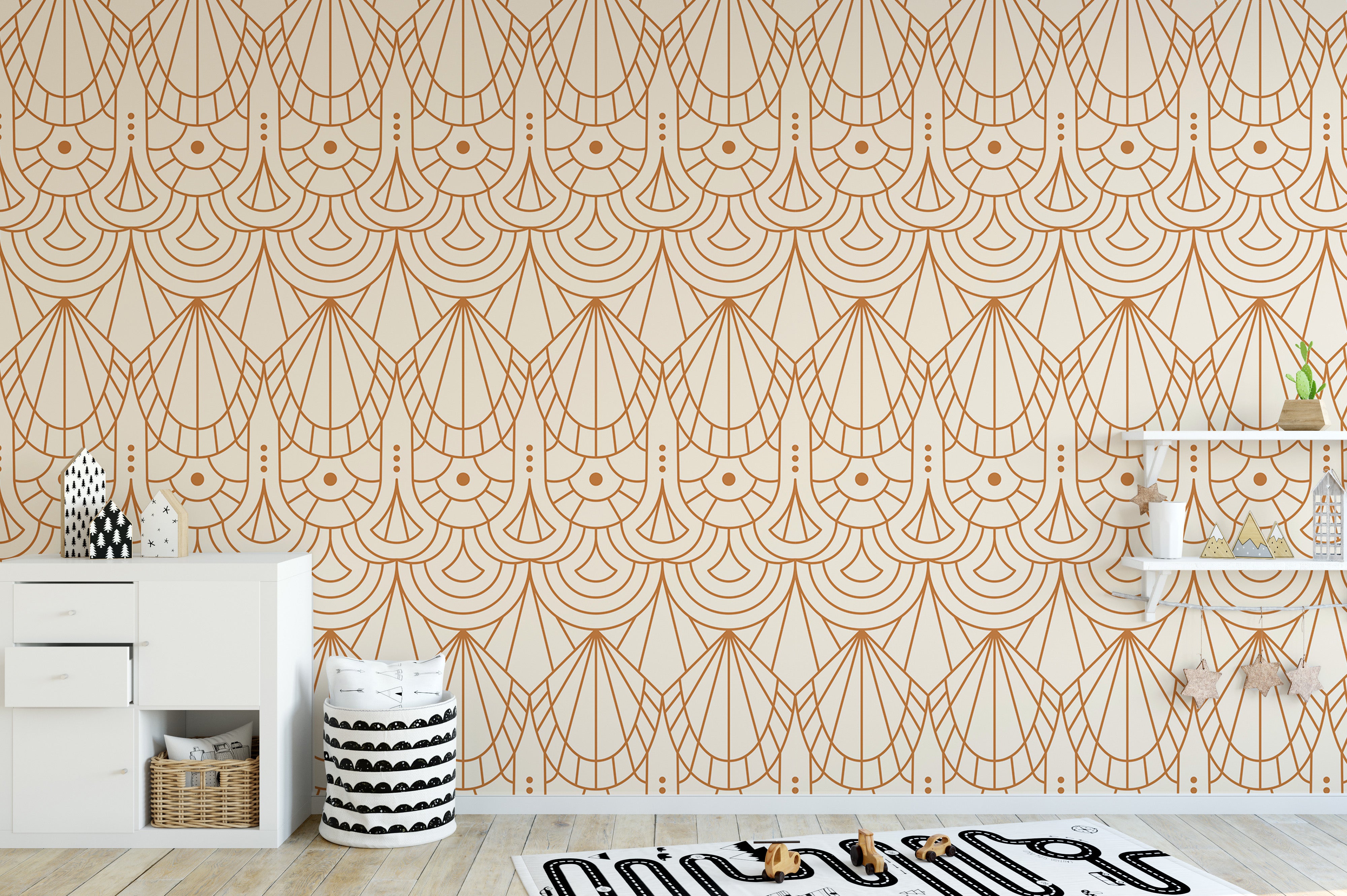 Subtle Art Deco repeat pattern in beige hues.