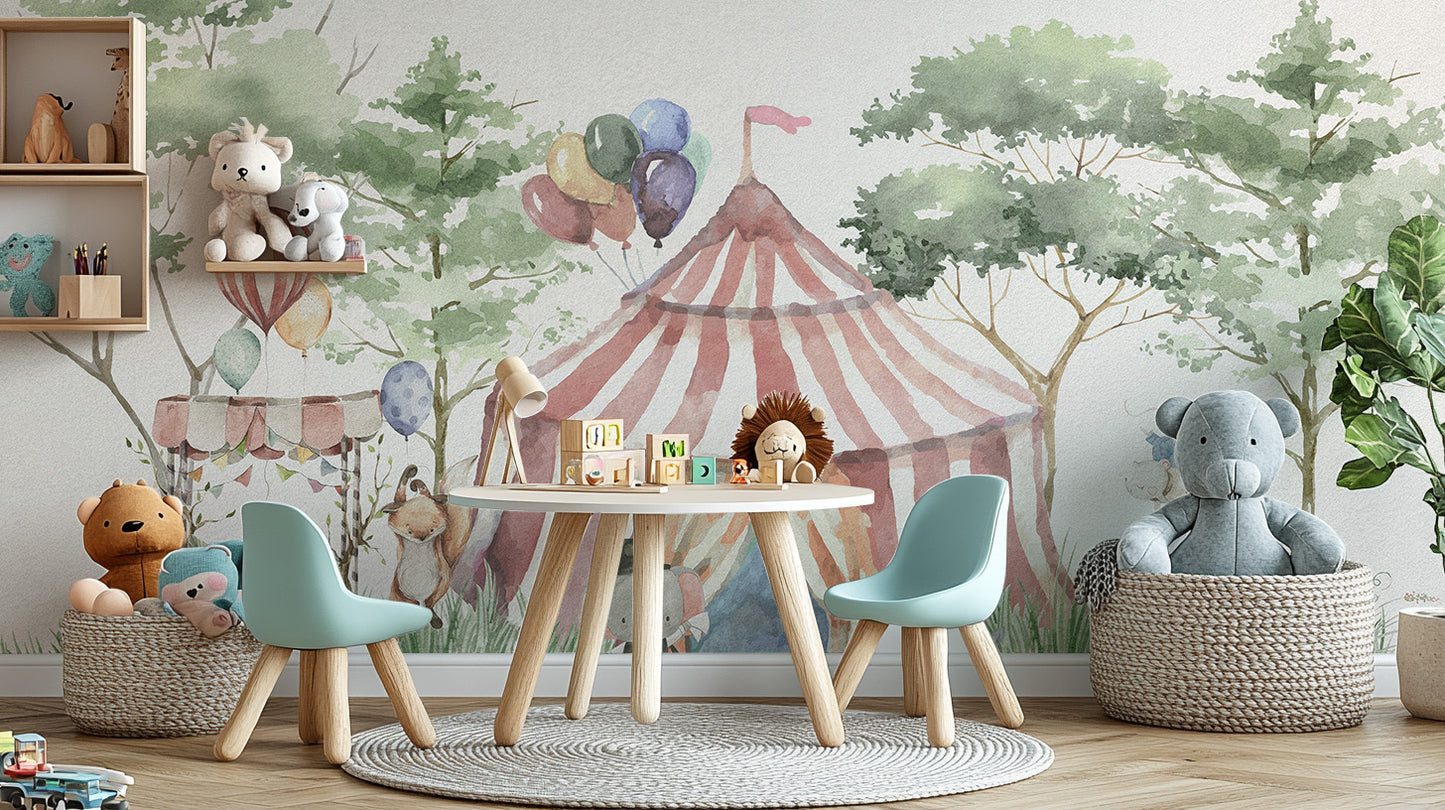 Removable circus tent wallpaper for cheerful interiors