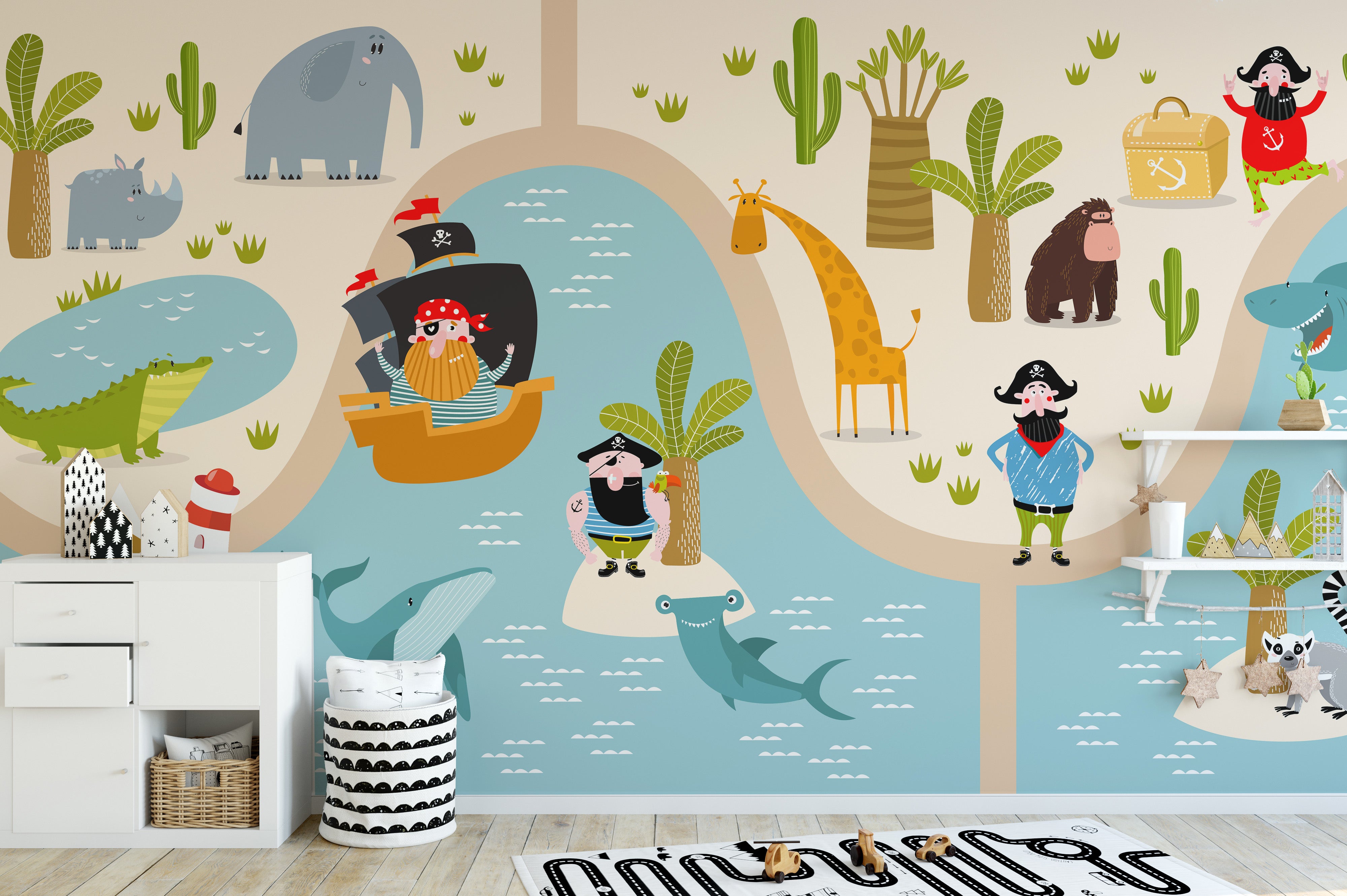 Animal pirates sailing adventure mural
