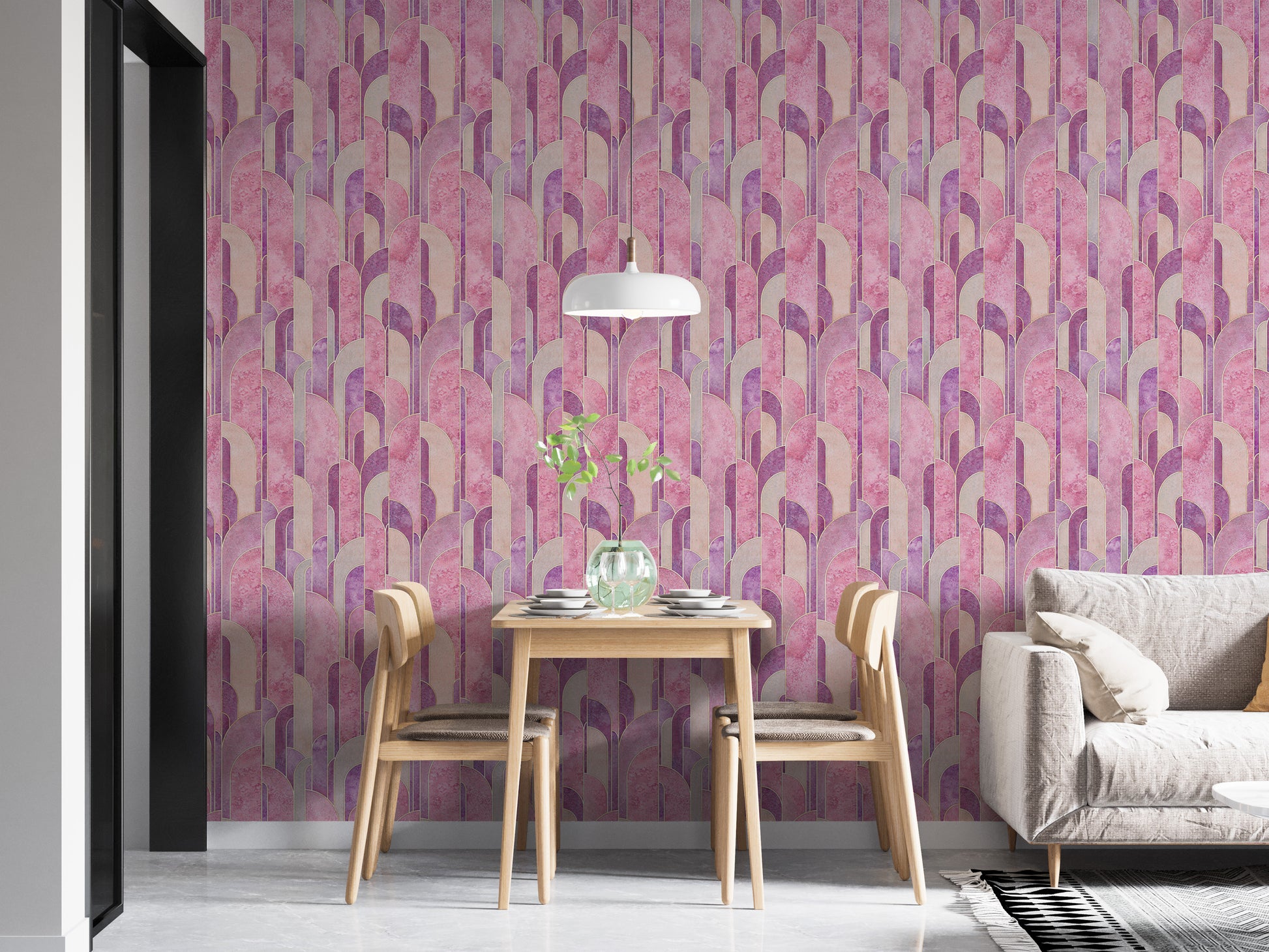 Elegant pink geometric Deco wallpaper design.