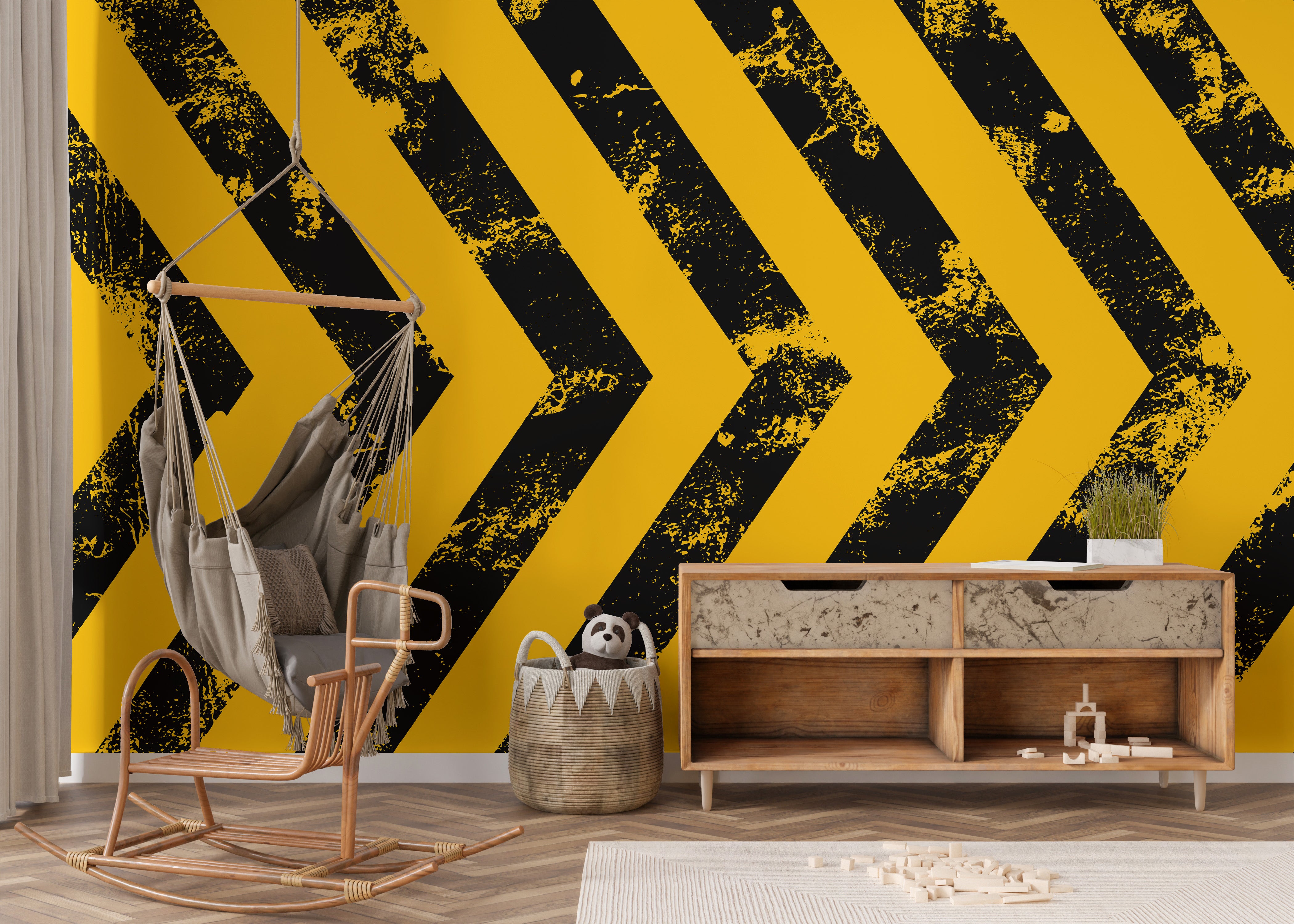 Black yellow hazard stripe wall decor mural
