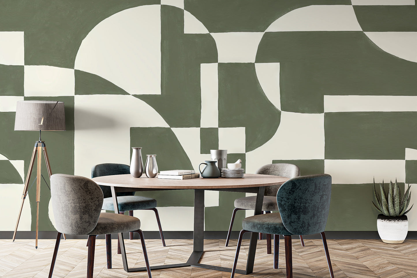 Sleek geometric mural featuring rich emerald green hues
