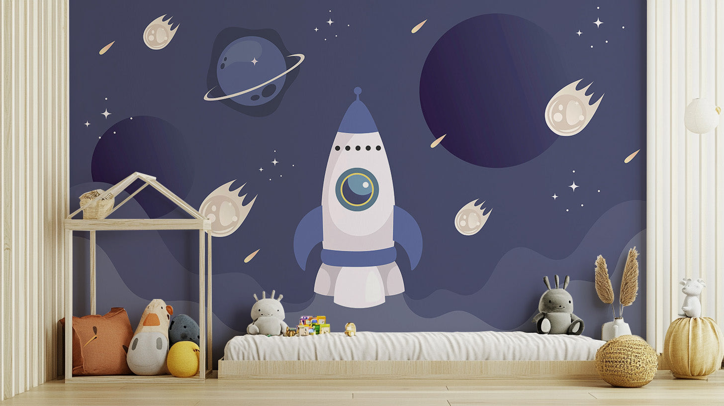 Vibrant kids wallpaper with rocket ship and stars