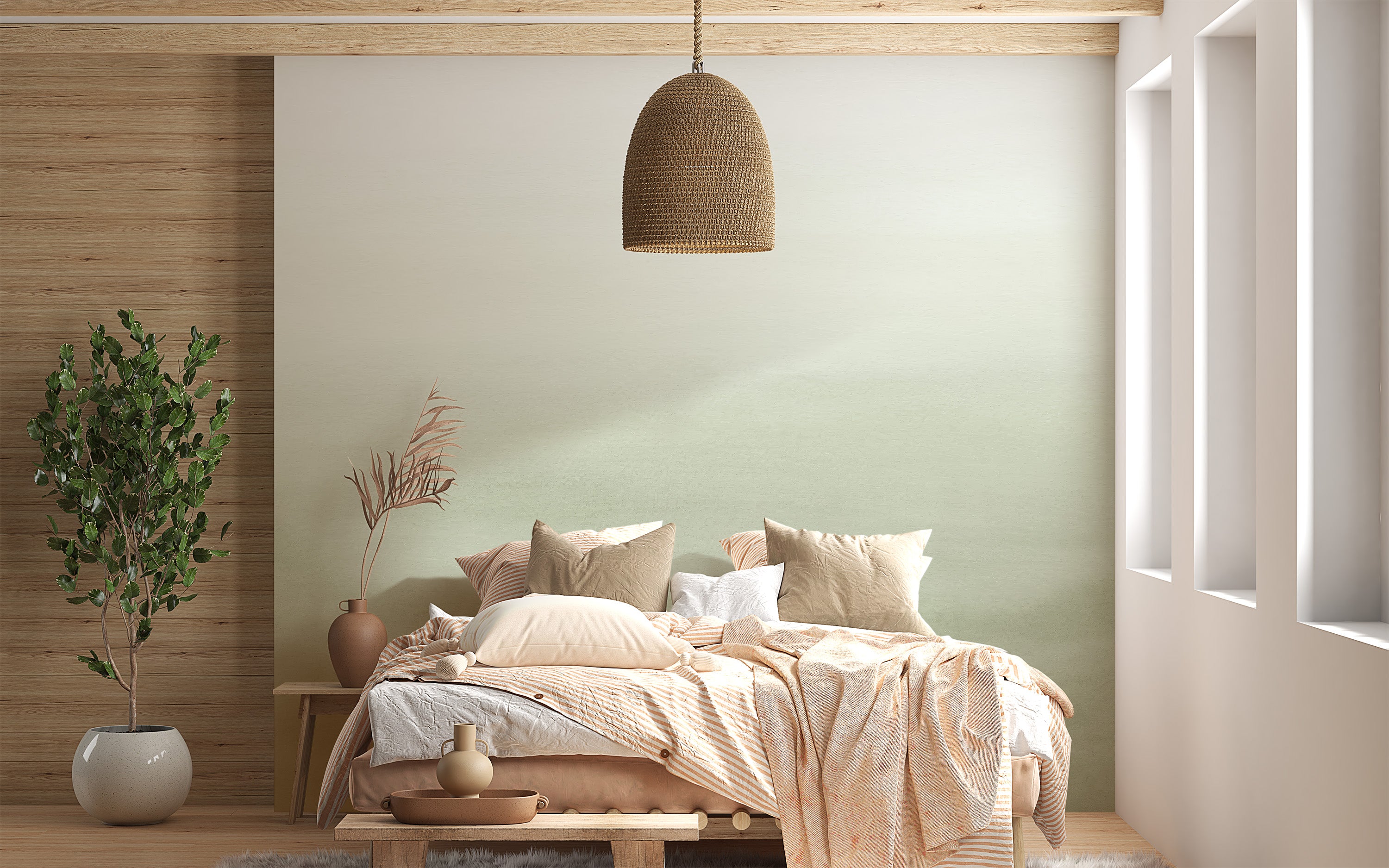 Olive green gradient mural creating a calming ambiance
