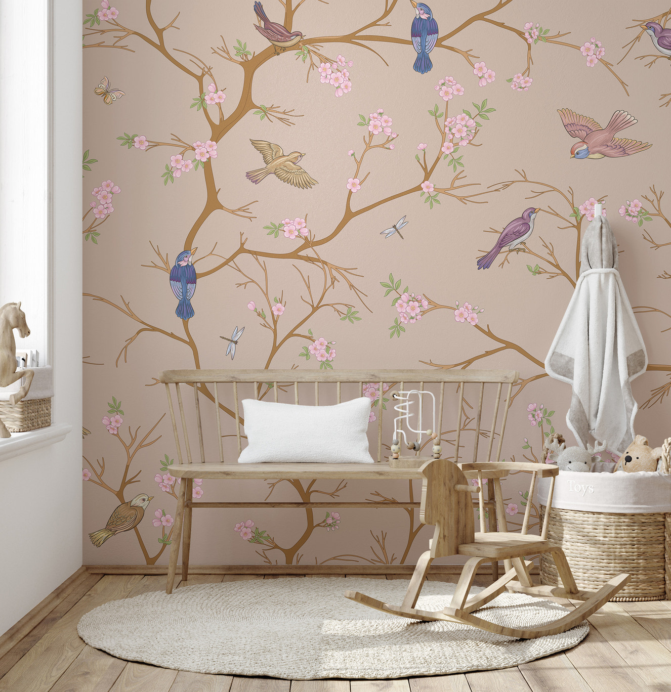 Elegant beige blossom and bird wall mural for rooms
