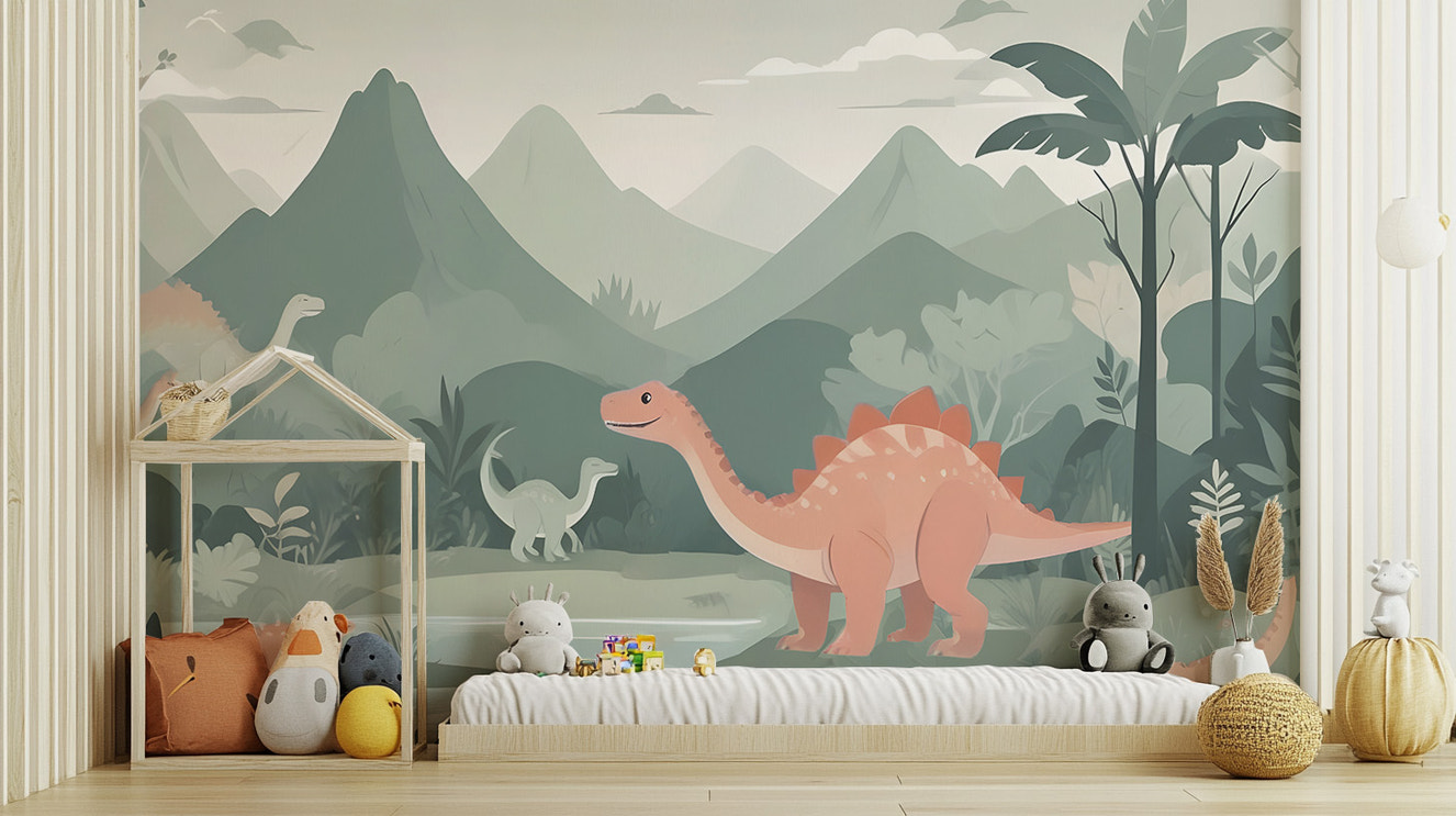 Fun dinosaur world wall mural for kids' rooms
