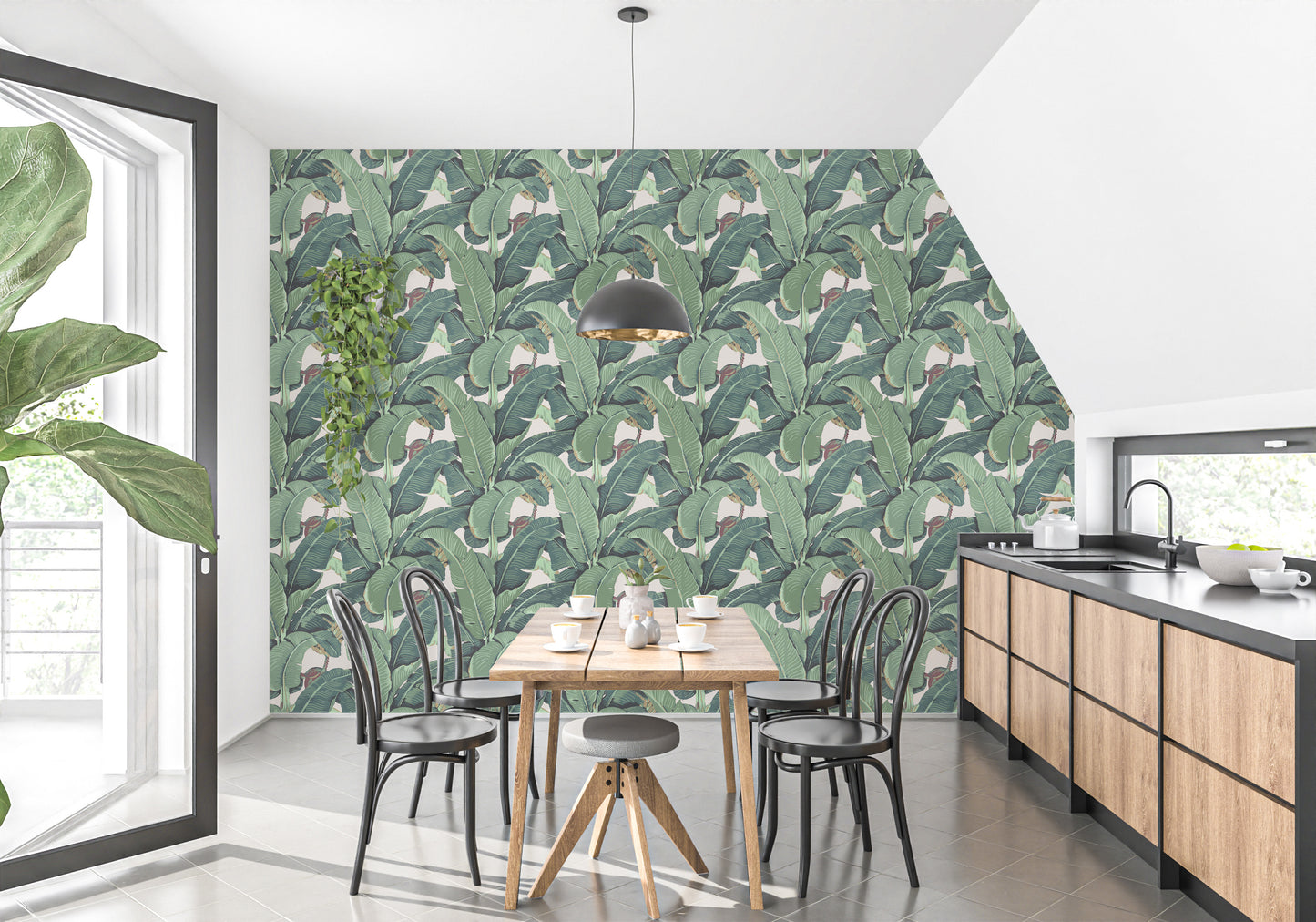 Green banana leaf wallpaper for decor
