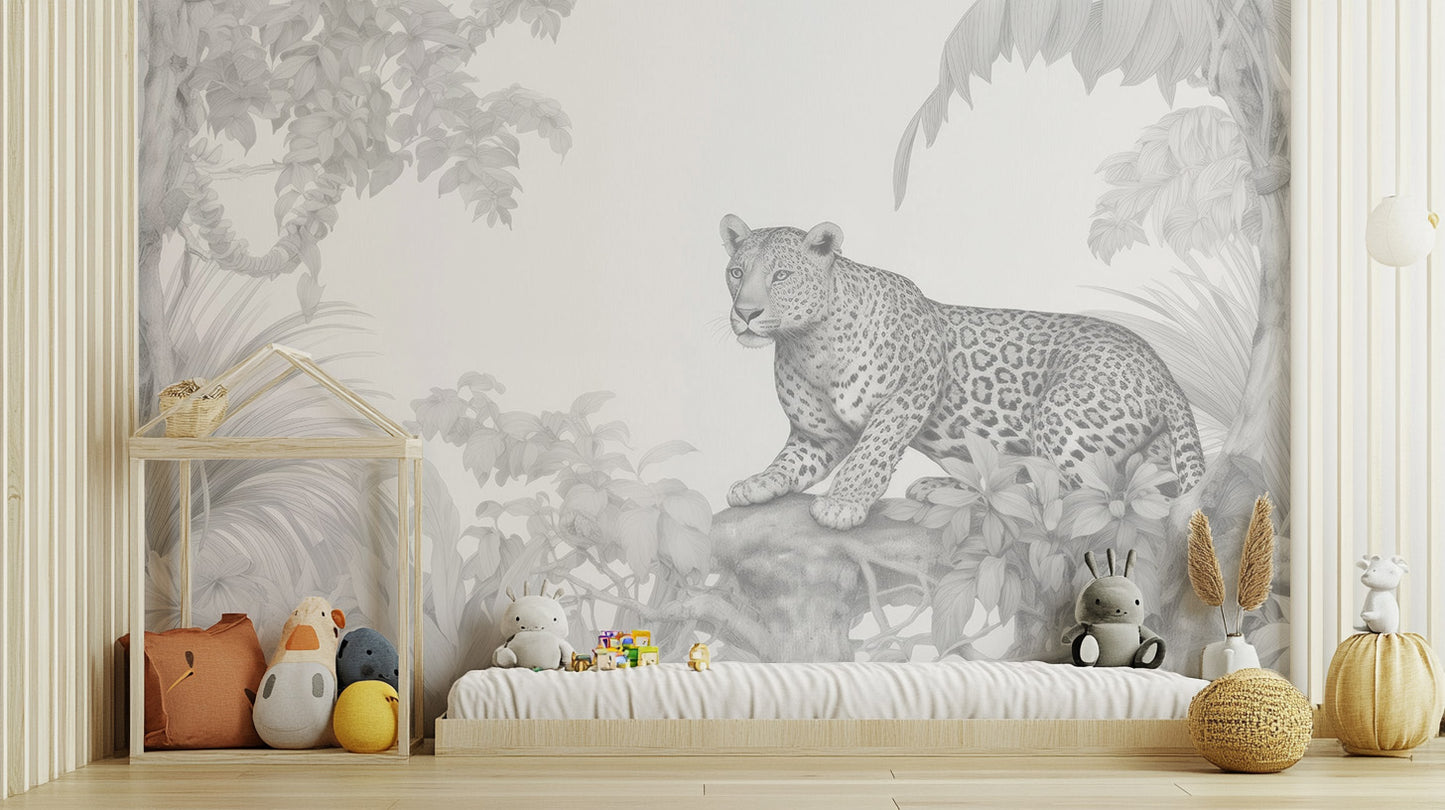 Serene forest wallpaper with a resting leopard for rooms
