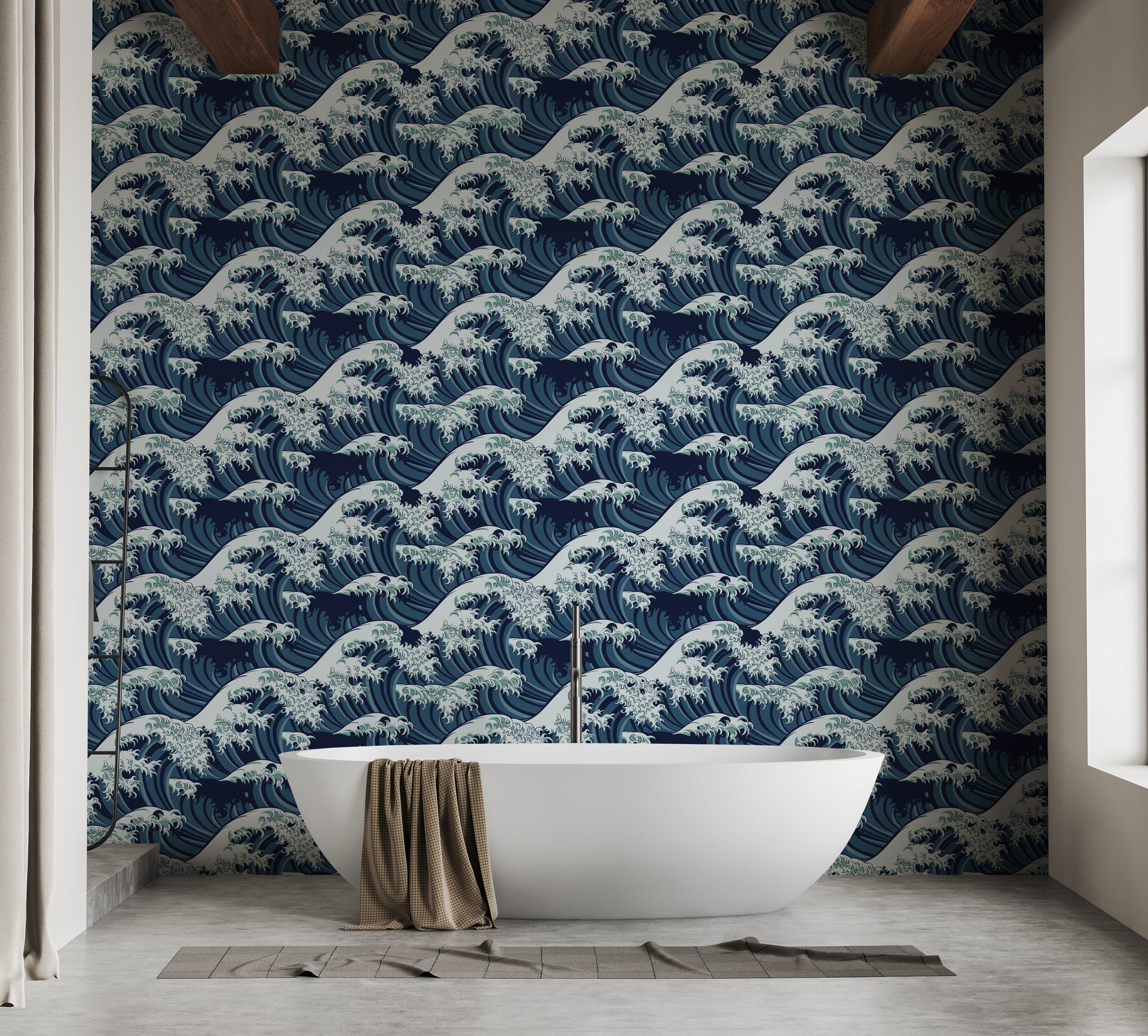 Repeating sea wave mural in deep blue tones
