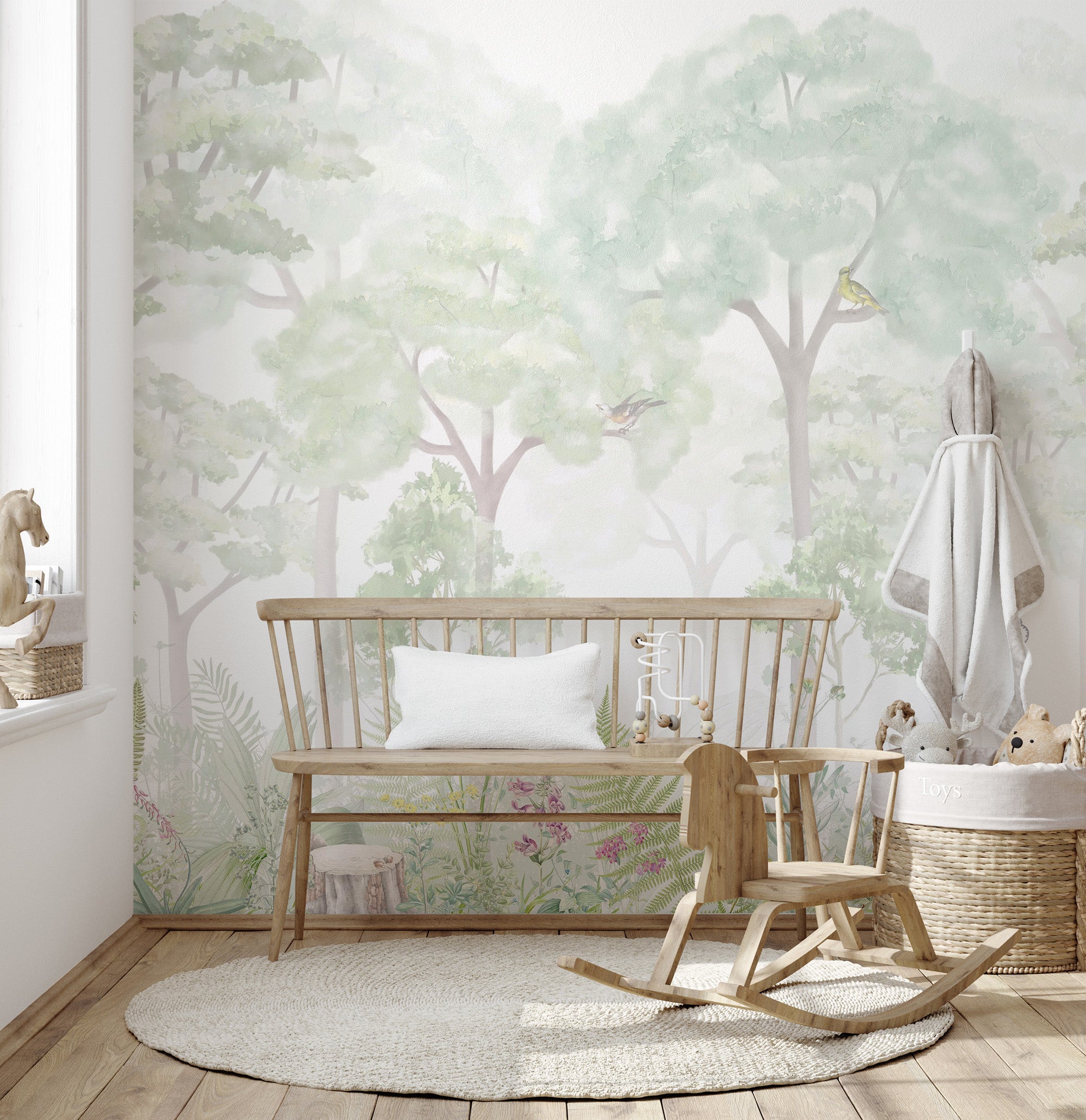 Lush serene woodland wallpaper mural for tranquil rooms



