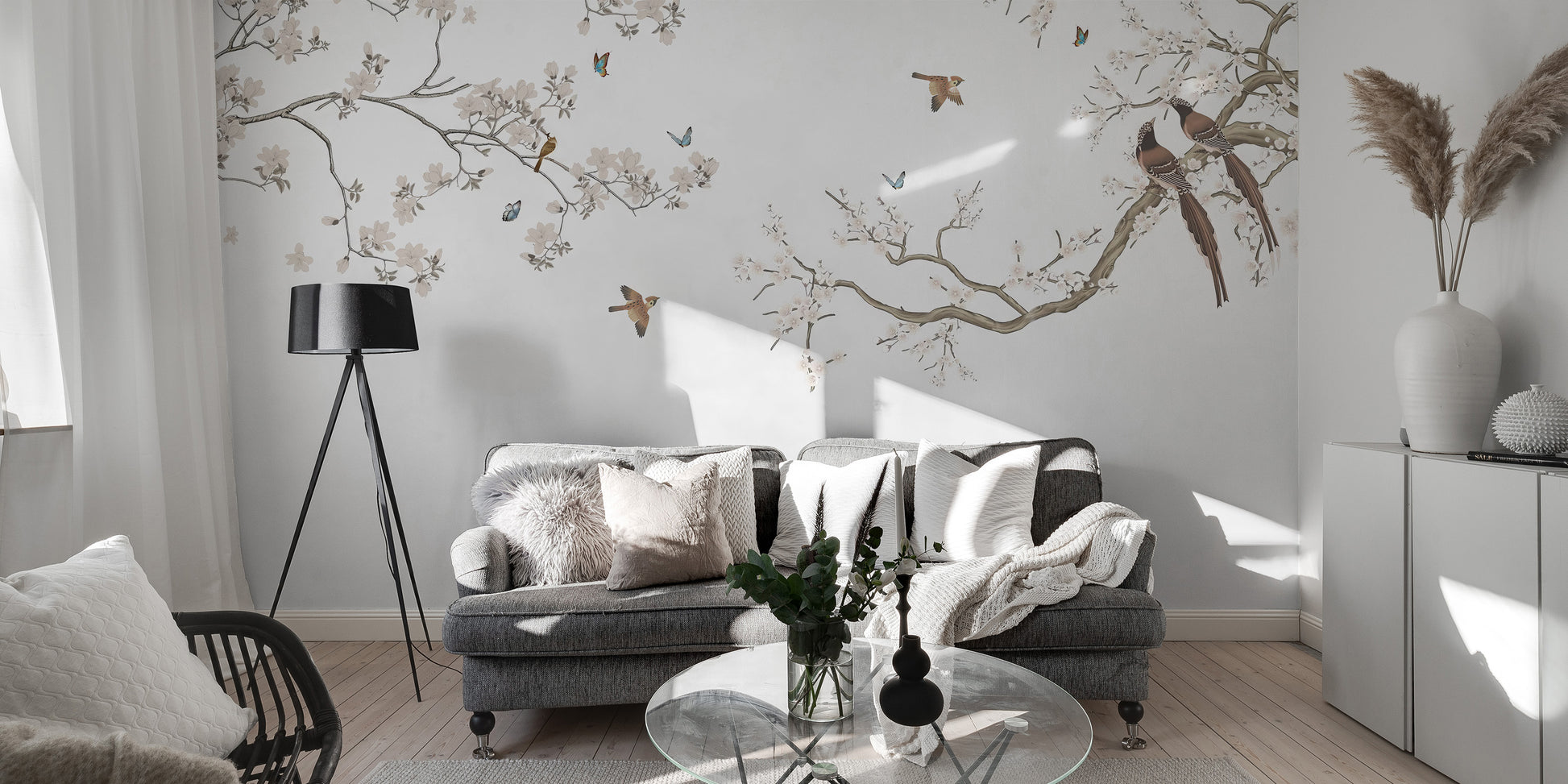 Peel and stick peach blossom mural with bird designs