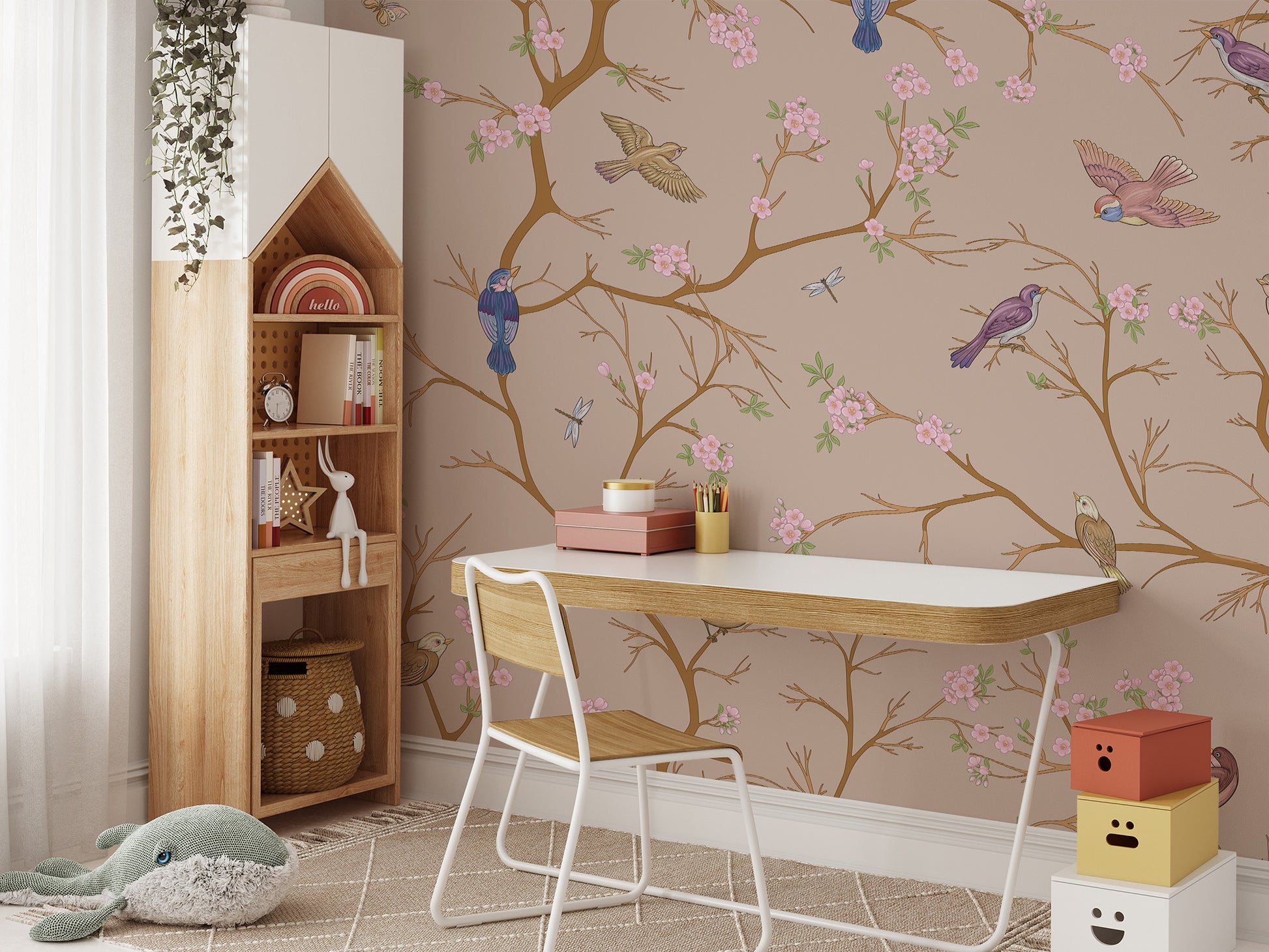 Floral bird mural in soft beige for a peaceful room
