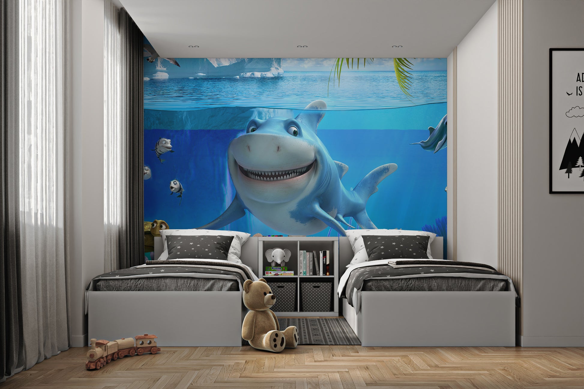 3D wall mural featuring sharks in blue ocean