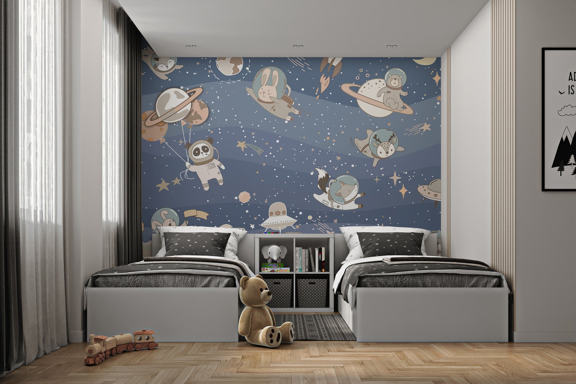 Colorful space wall mural with playful animals