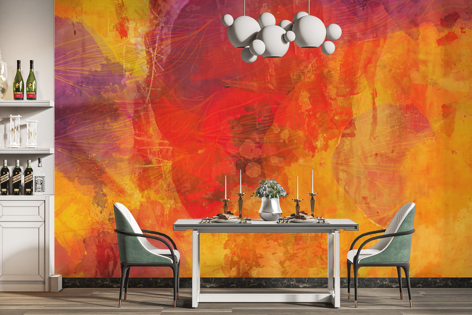 Artistic bright orange abstract mural wallpaper for walls