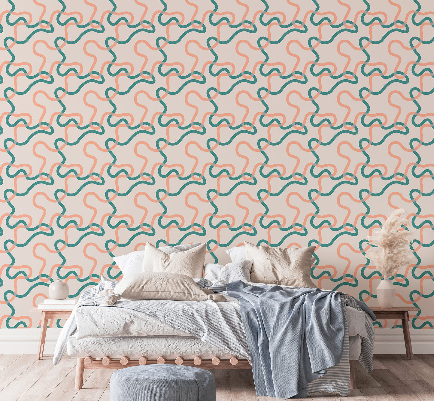 Naive Boho Green and Orange Lines Wallpaper