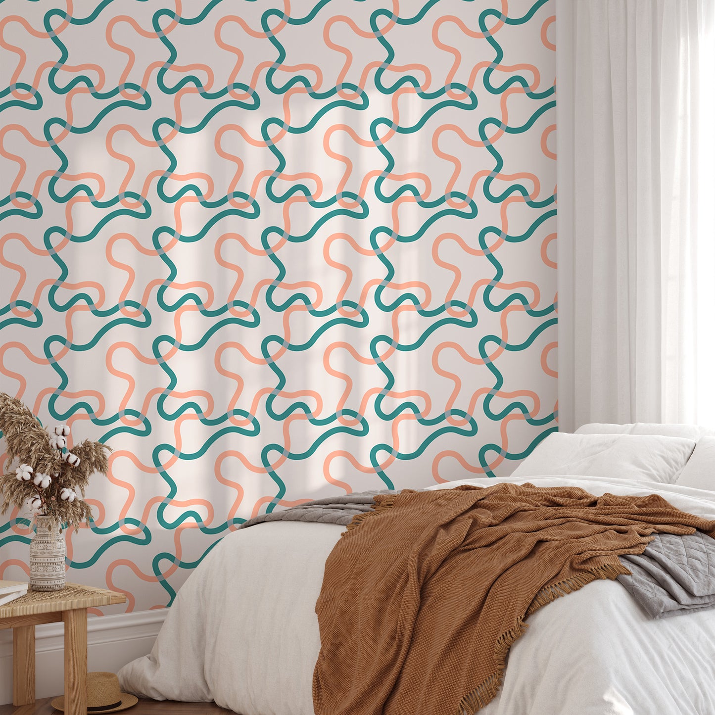 Naive Boho Green and Orange Lines Wallpaper