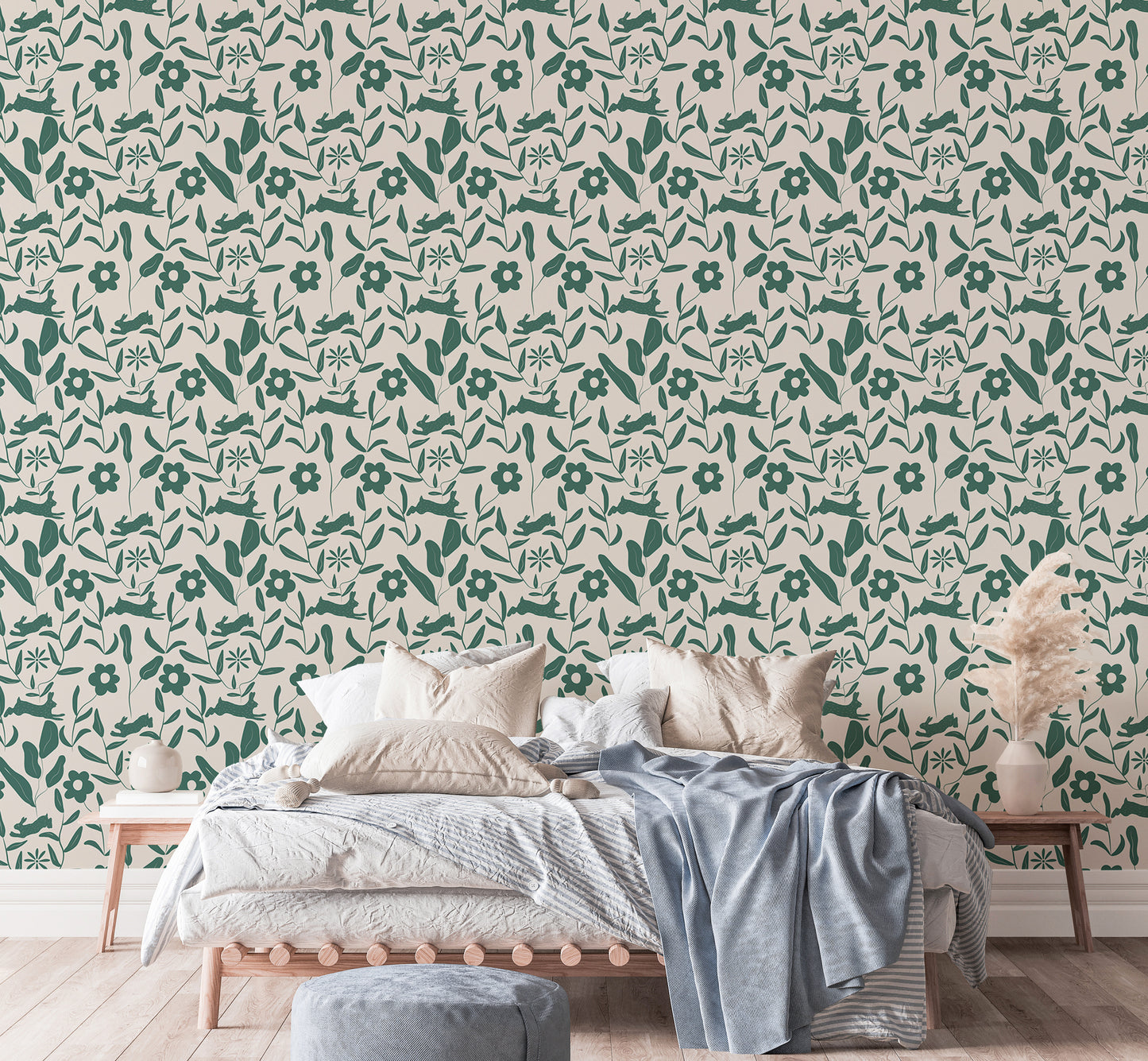 Rabbit Pattern Floral and Leaves Scandi Wallpaper