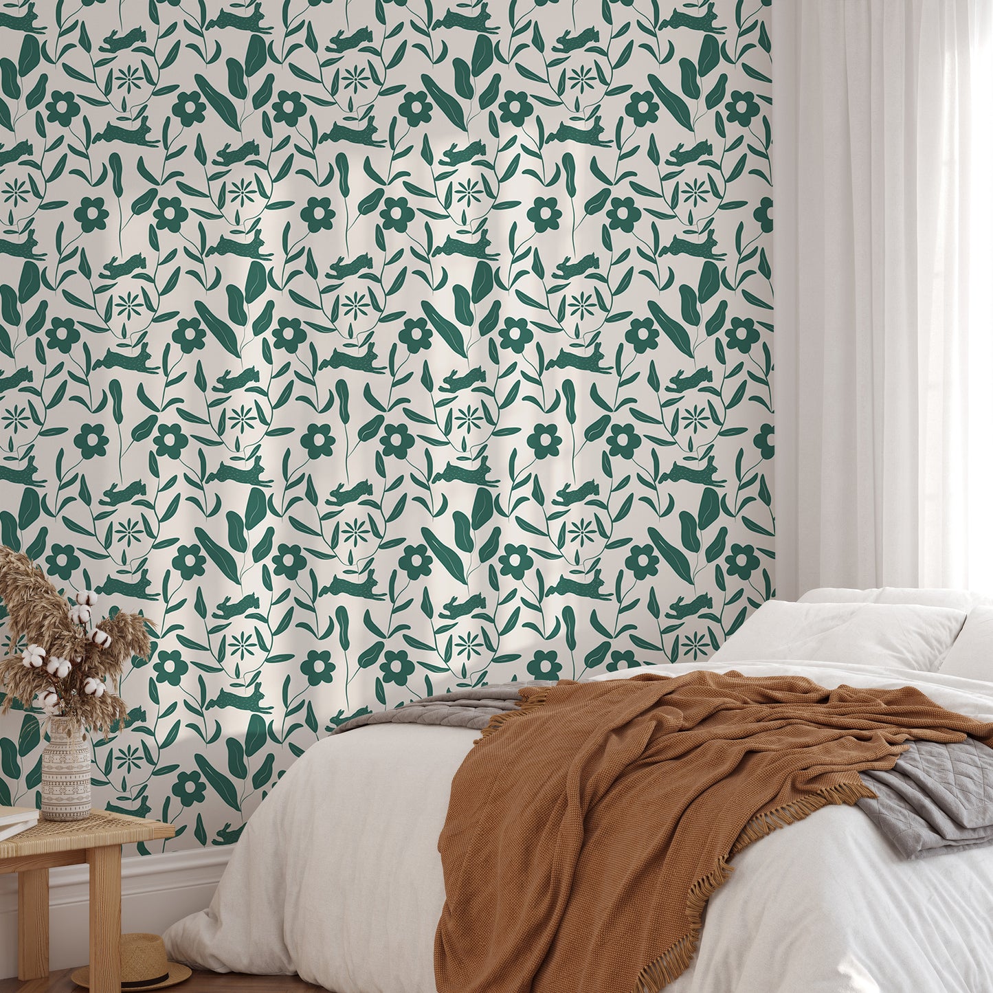 Rabbit Pattern Floral and Leaves Scandi Wallpaper