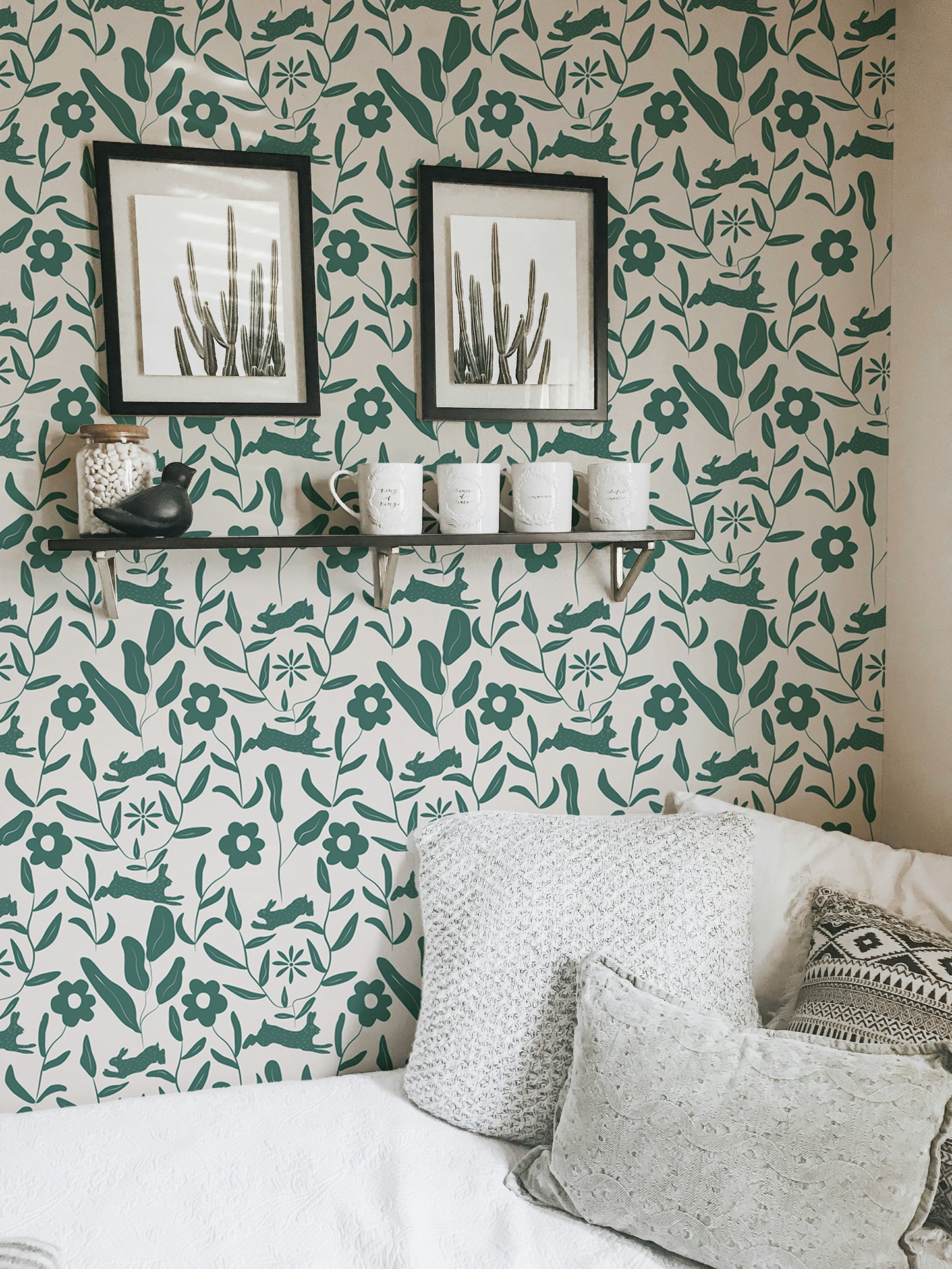 Rabbit Pattern Floral and Leaves Scandi Wallpaper