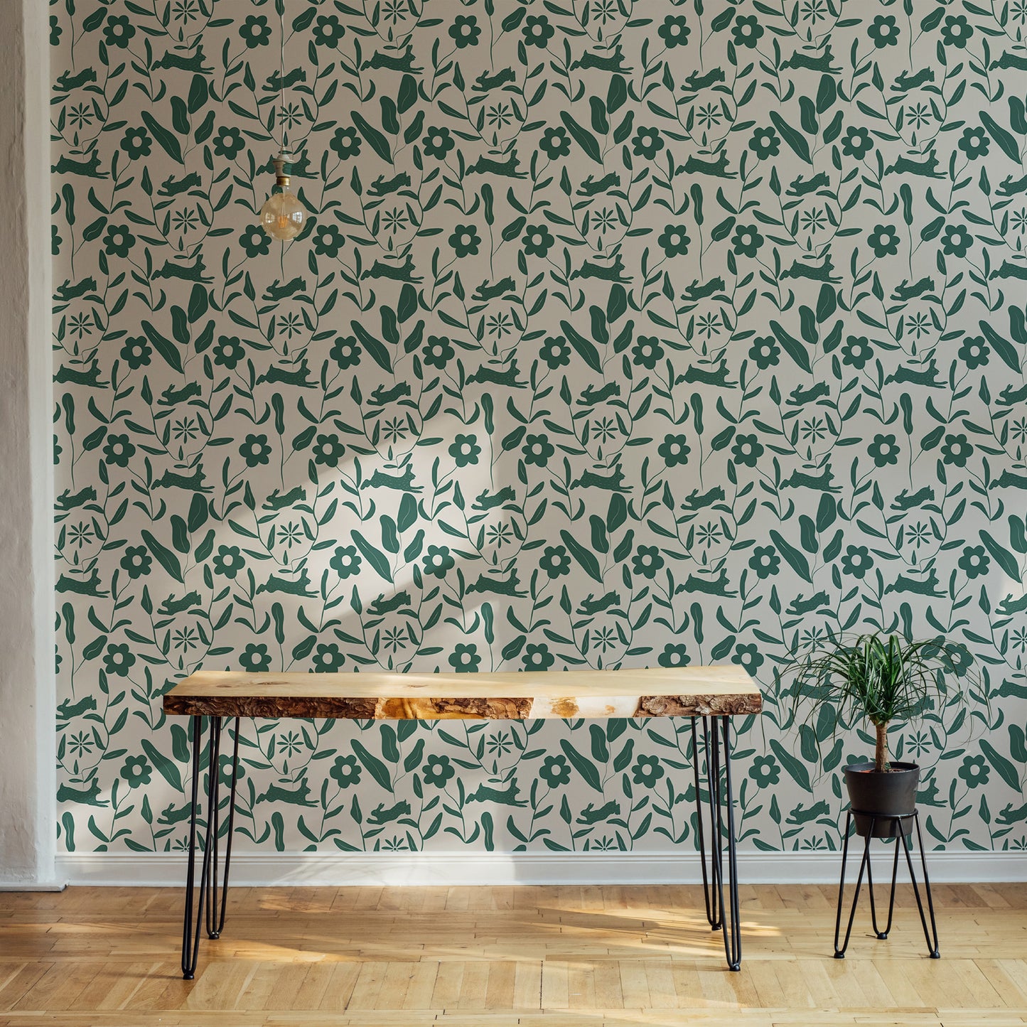 Rabbit Pattern Floral and Leaves Scandi Wallpaper