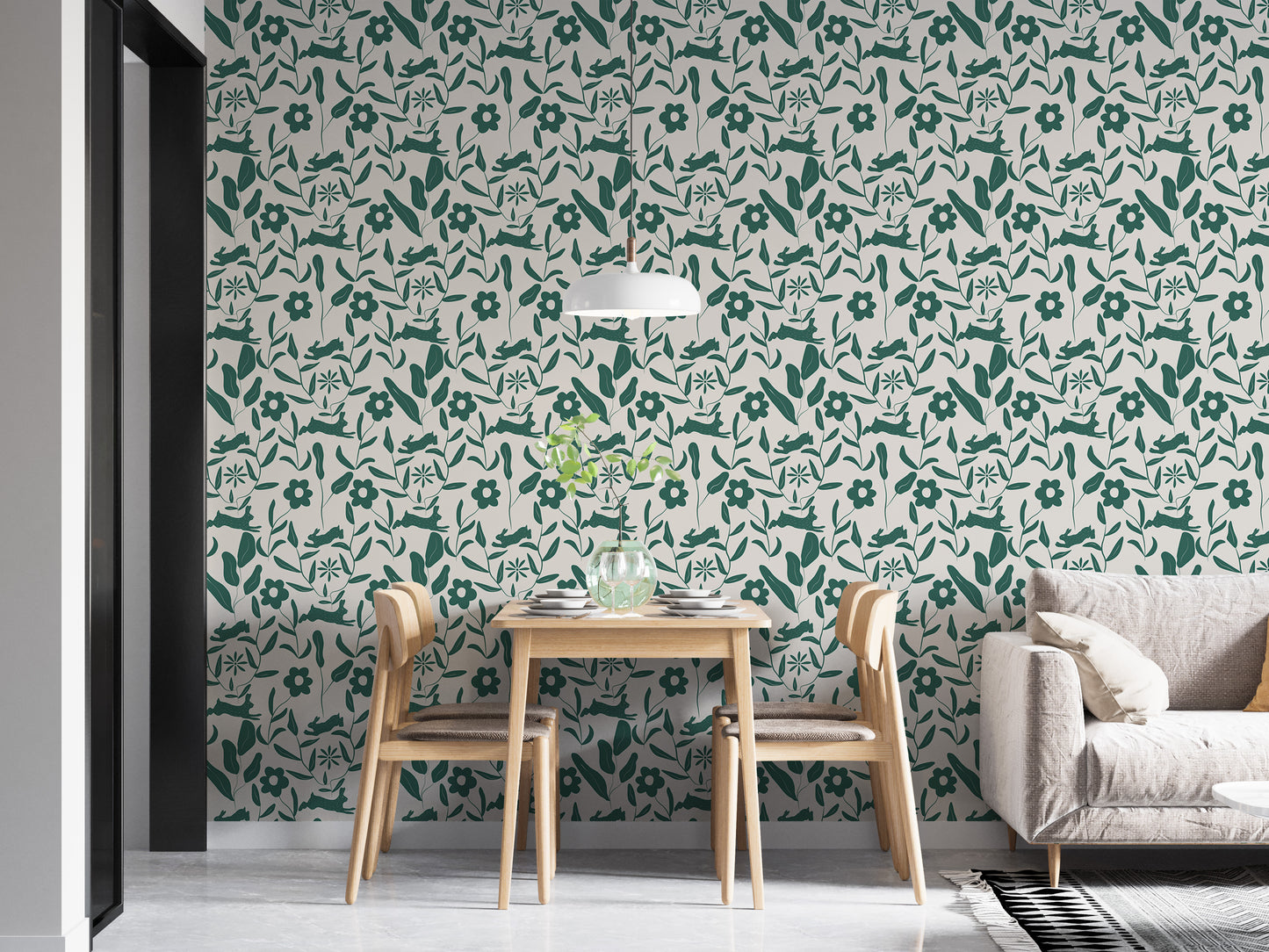 Rabbit Pattern Floral and Leaves Scandi Wallpaper