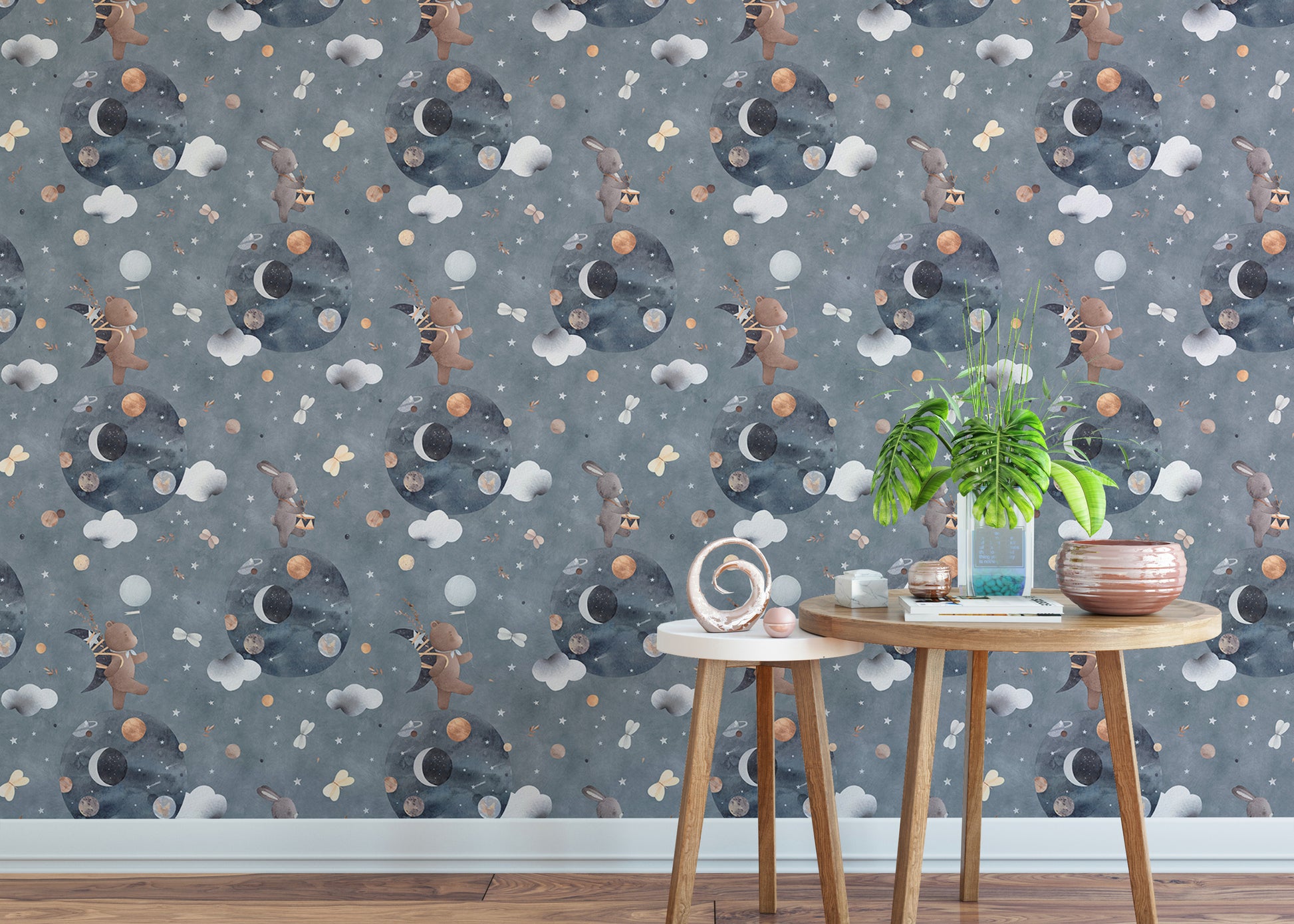 Cute space adventure wallpaper for children's walls