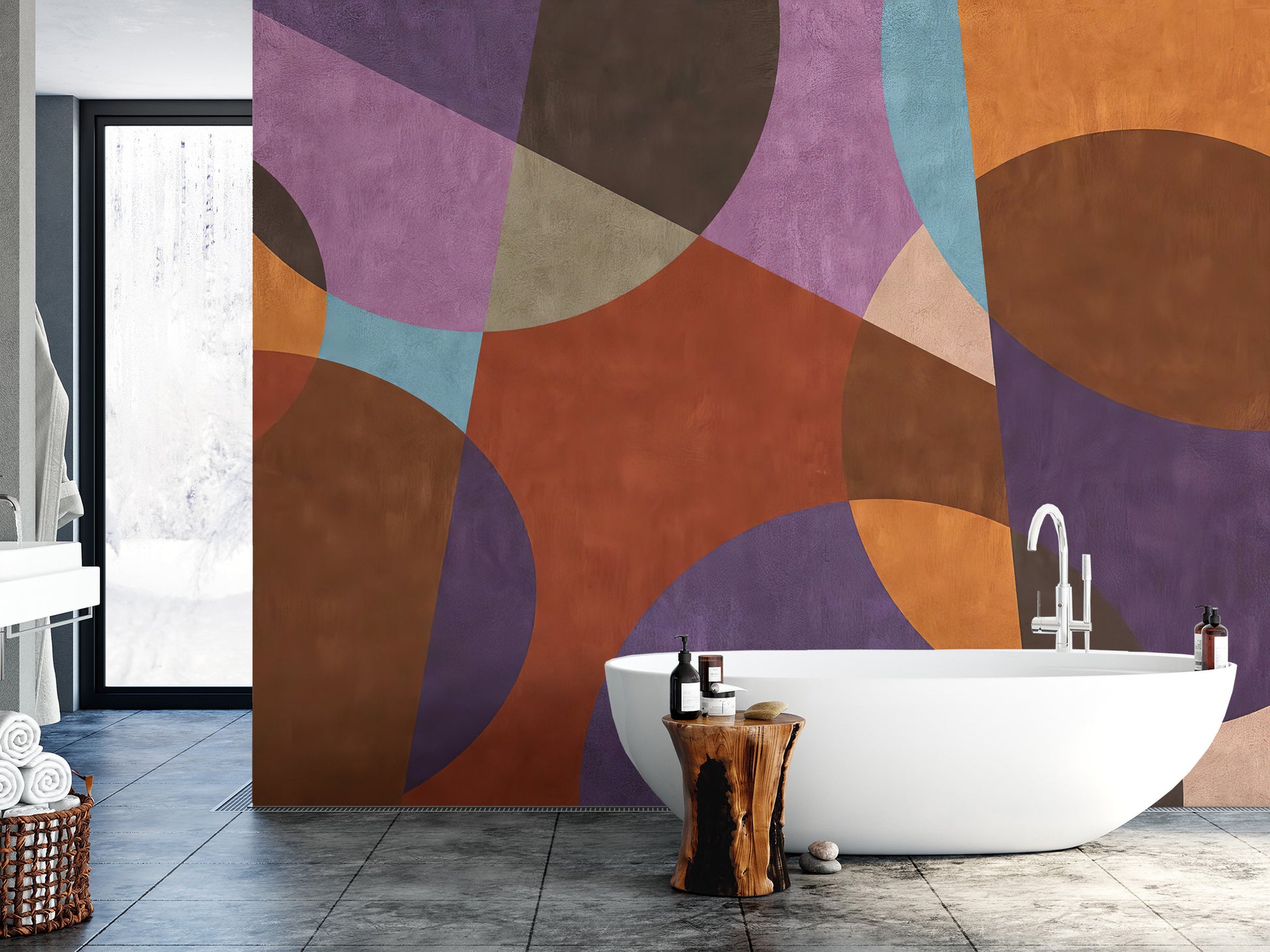 Abstract wall mural with dynamic, colorful shapes and forms
