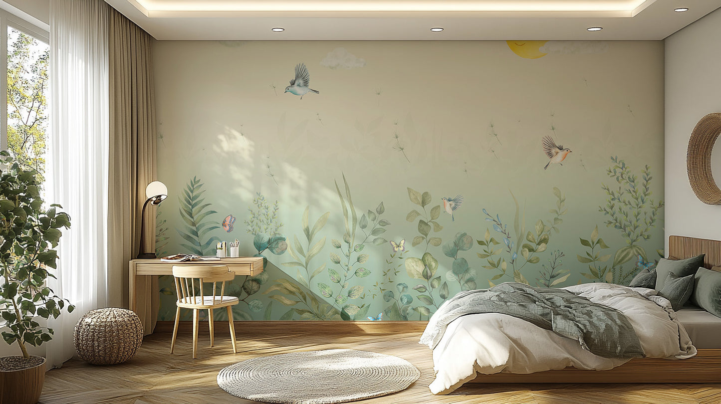 Floral wallpaper mural with a radiant garden scene