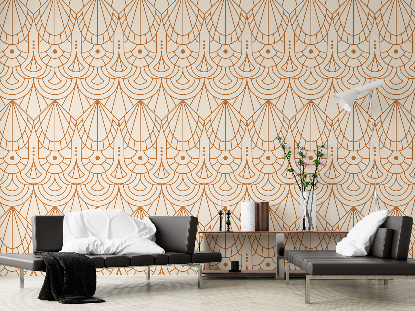 Beige and Orange Color Art Deco Repeat Pattern Wallpaper