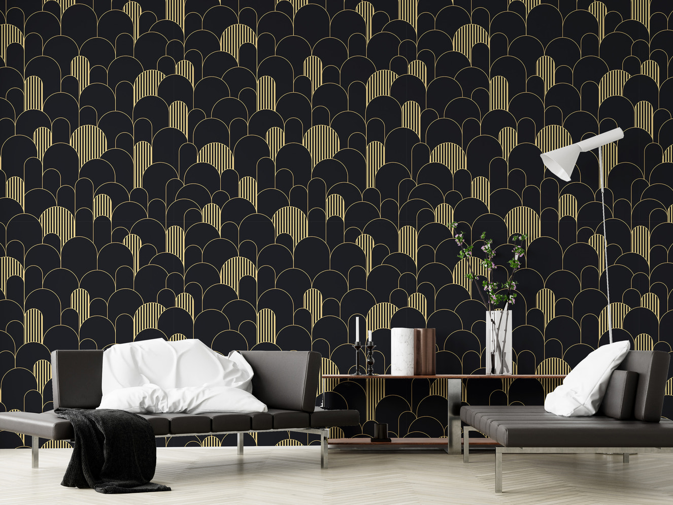 Golden lines in Deco repeating wall patterns.