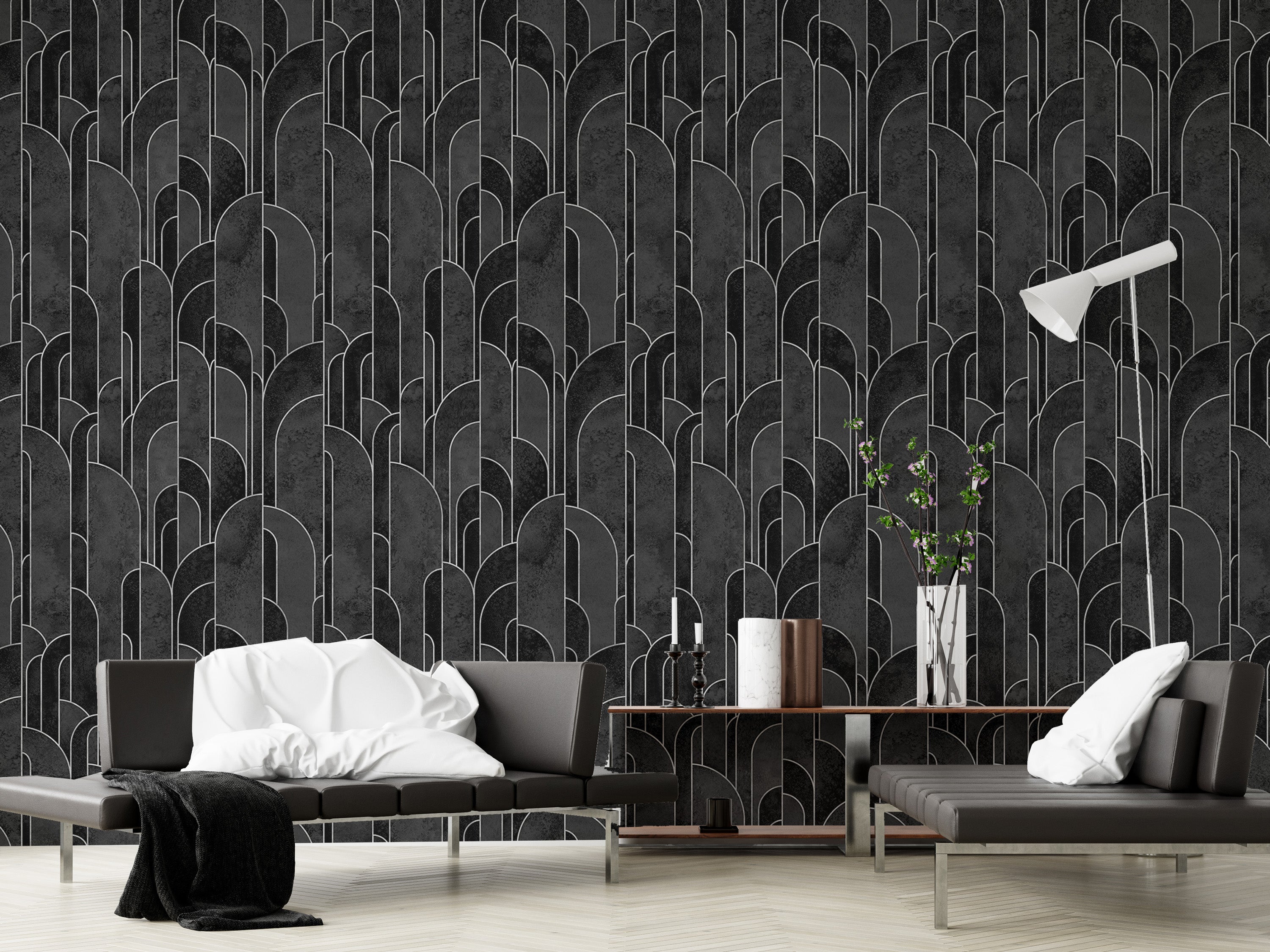 Black Art Deco repeat design for stylish walls.