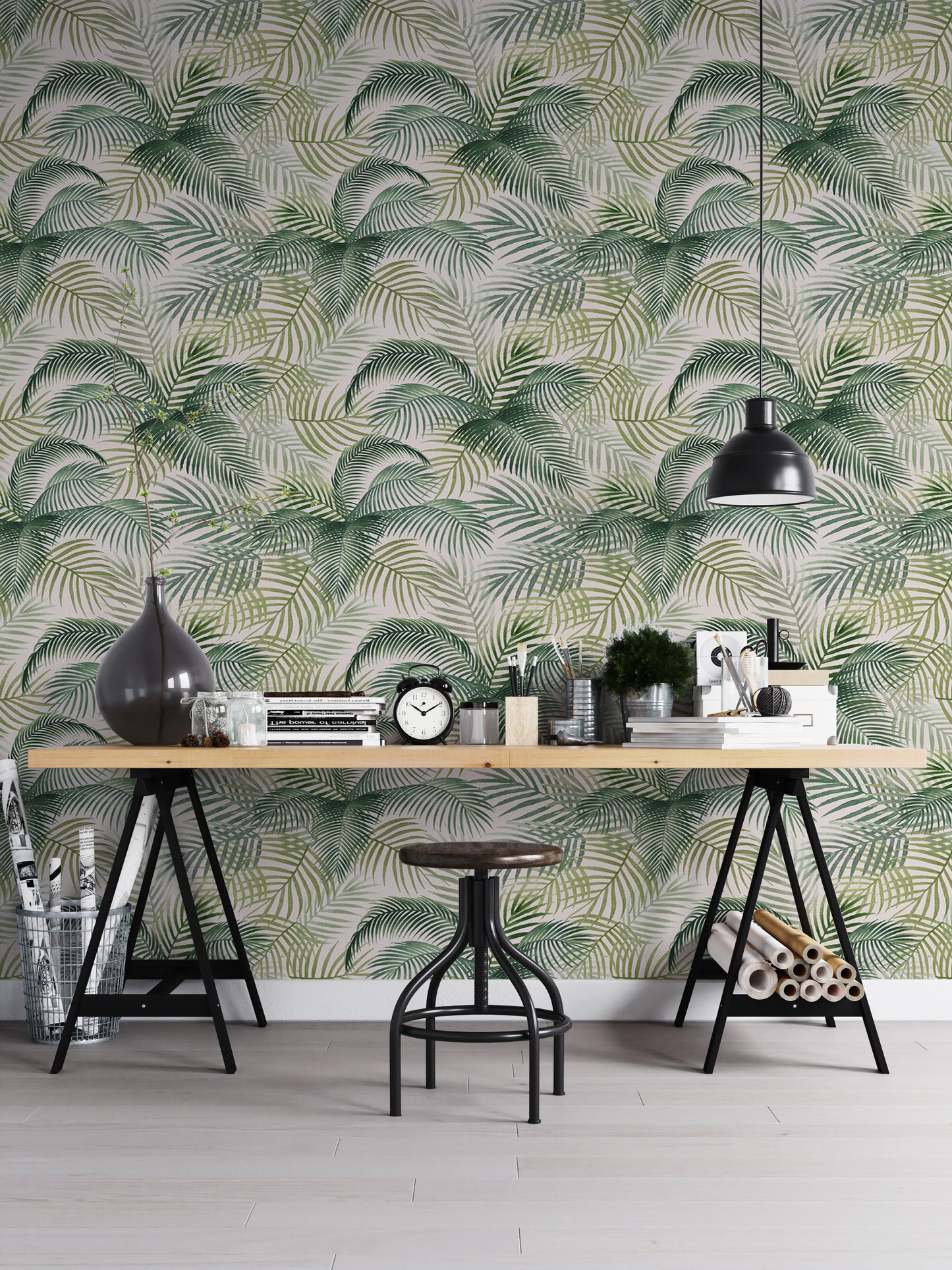 Green Color Palm Leaves Repeat Pattern Wallpaper