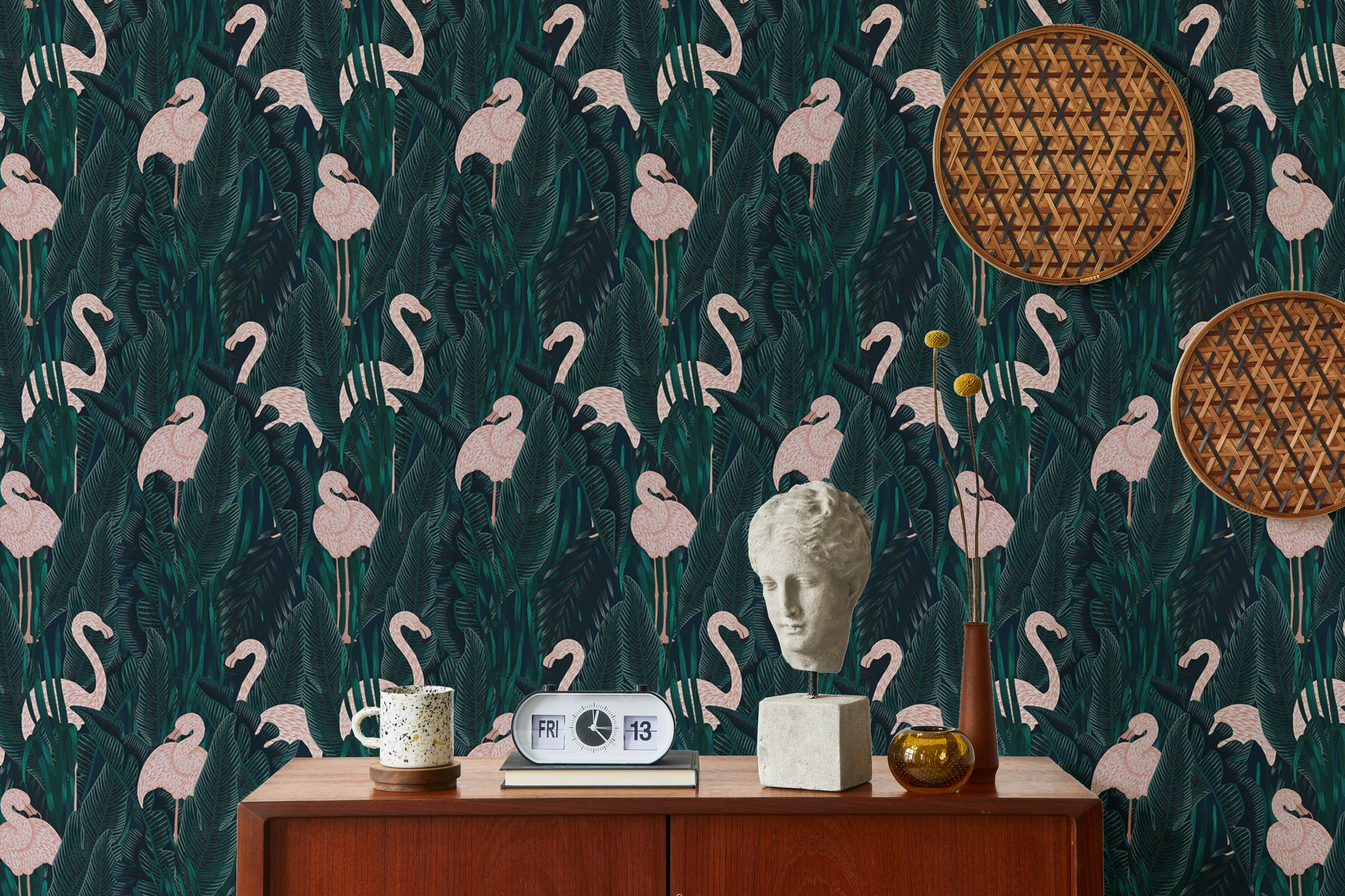 Flamingo-themed wallpaper with a graceful exotic touch