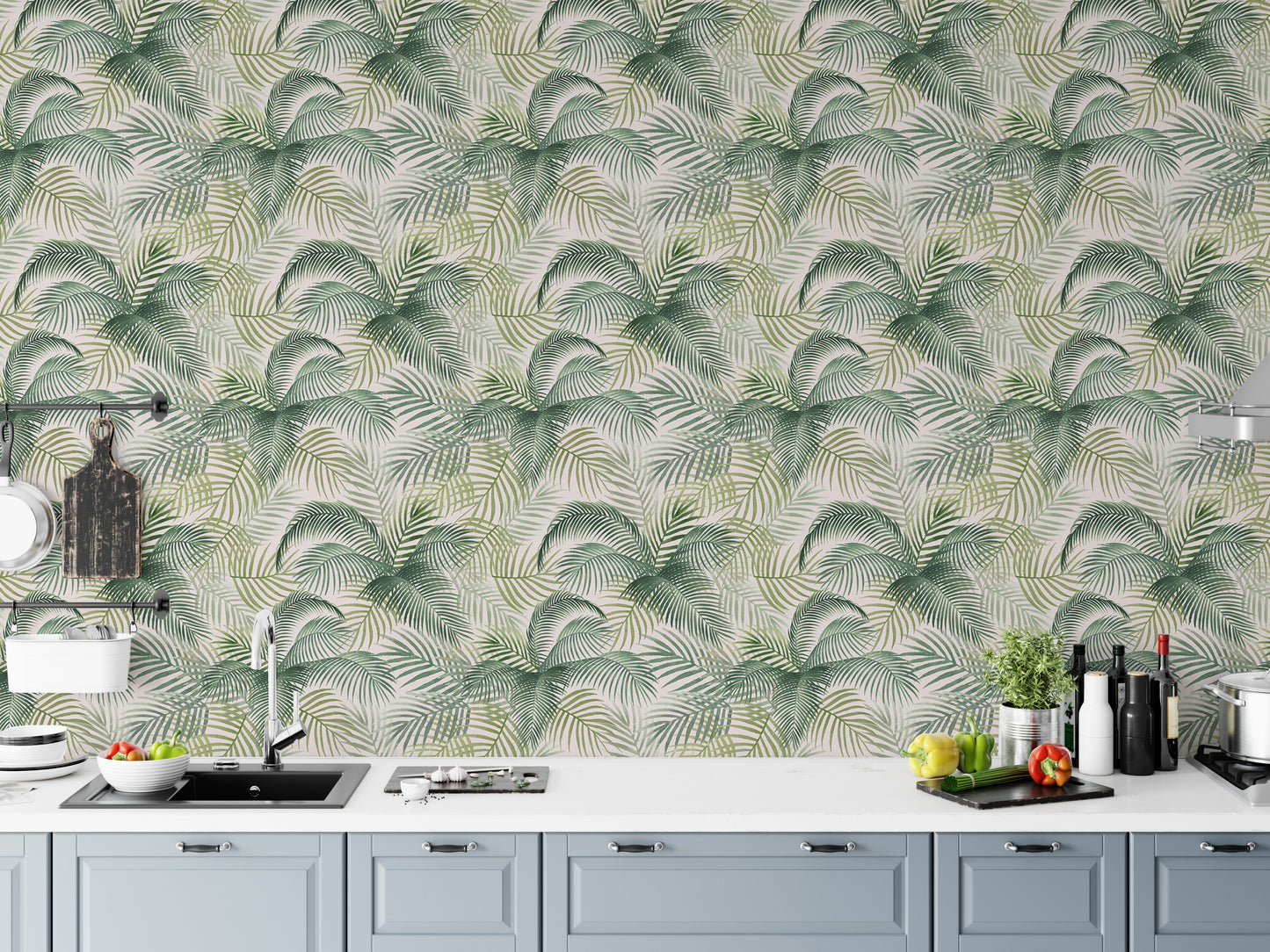 Green Color Palm Leaves Repeat Pattern Wallpaper