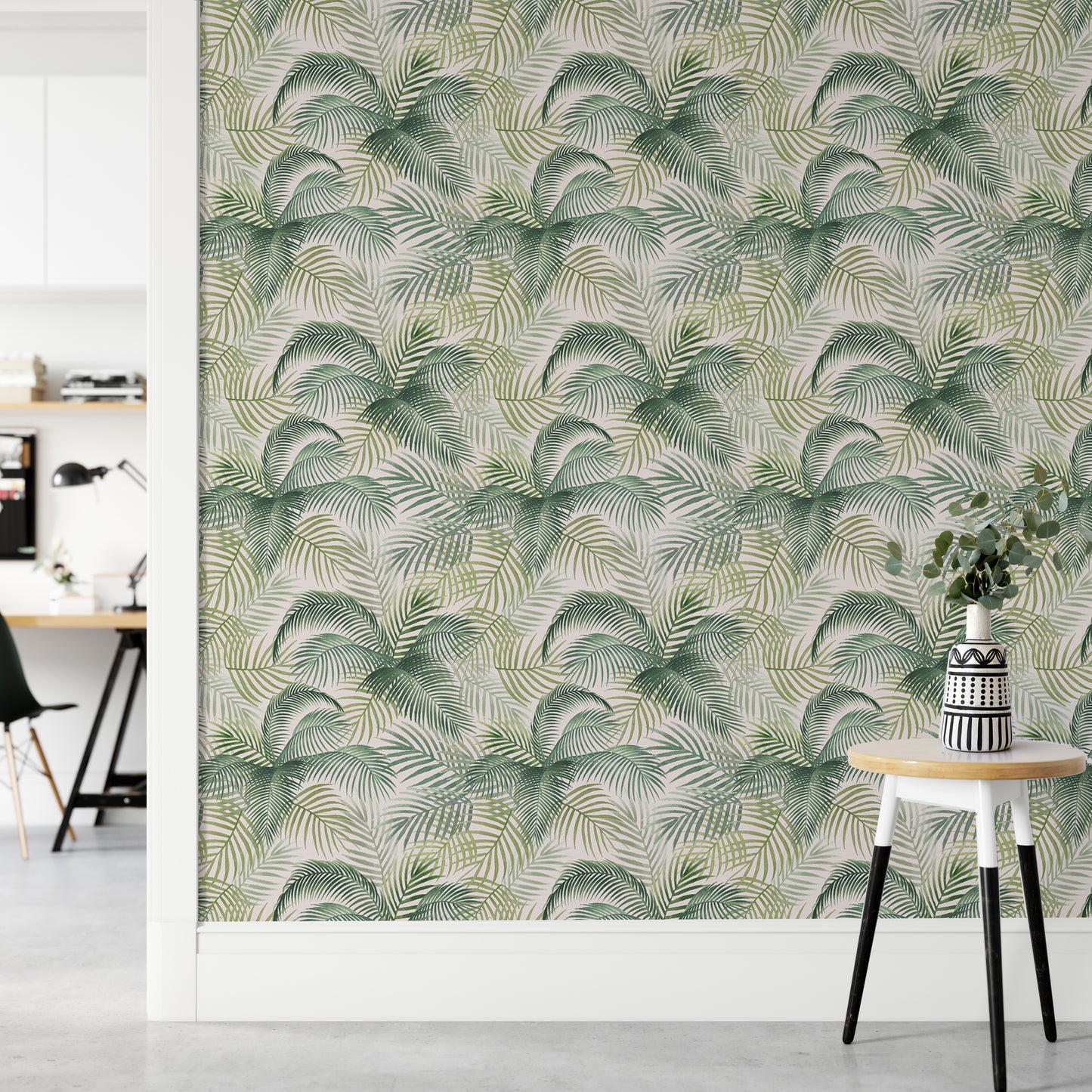 Green Color Palm Leaves Repeat Pattern Wallpaper