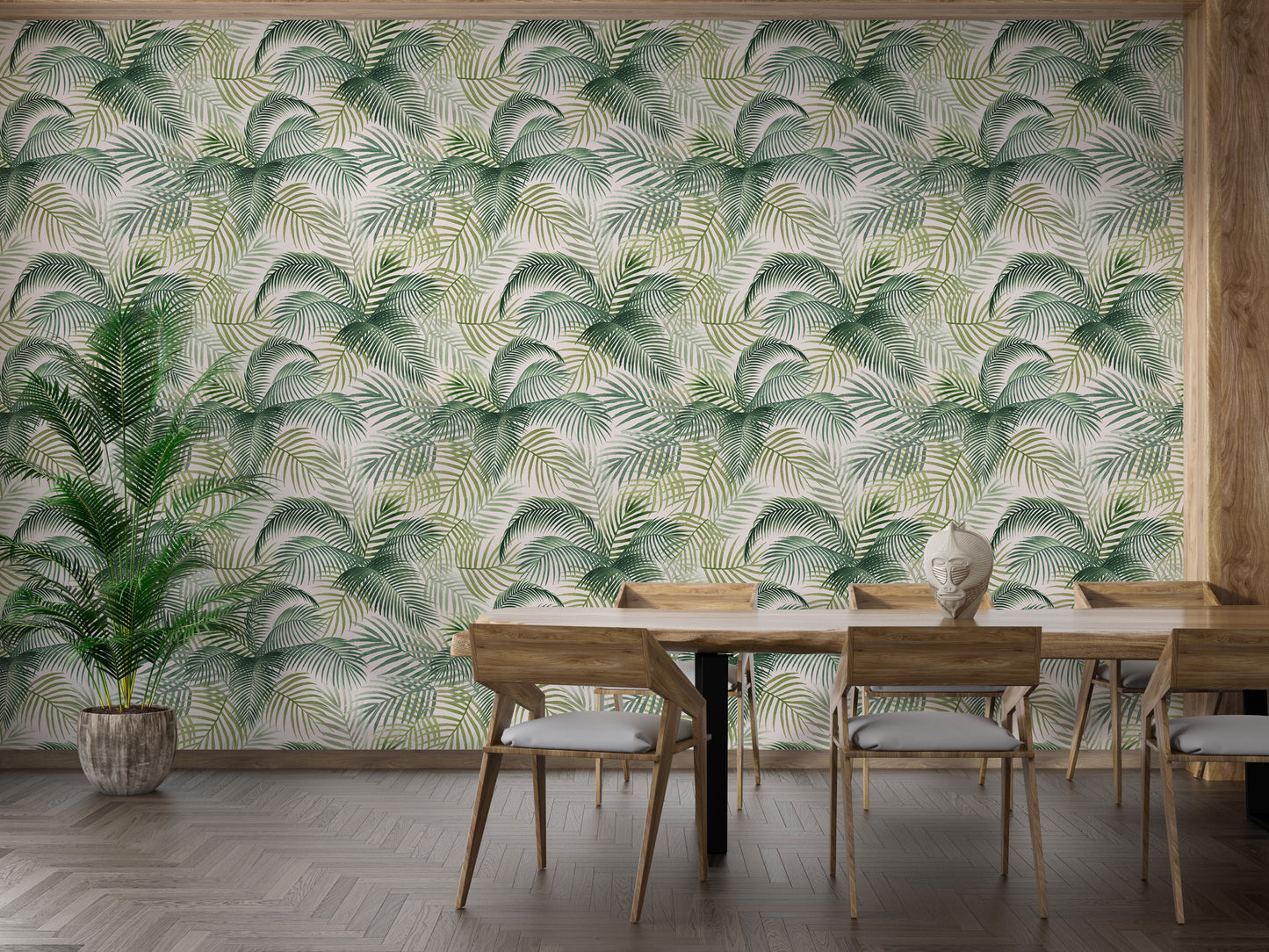 Green Color Palm Leaves Repeat Pattern Wallpaper