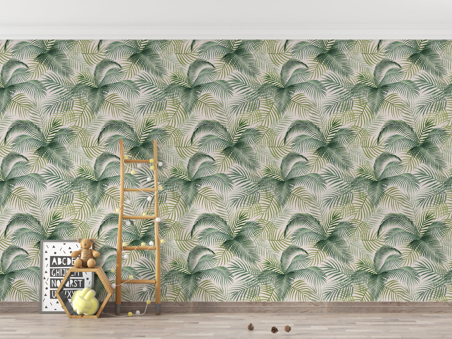 Green Color Palm Leaves Repeat Pattern Wallpaper